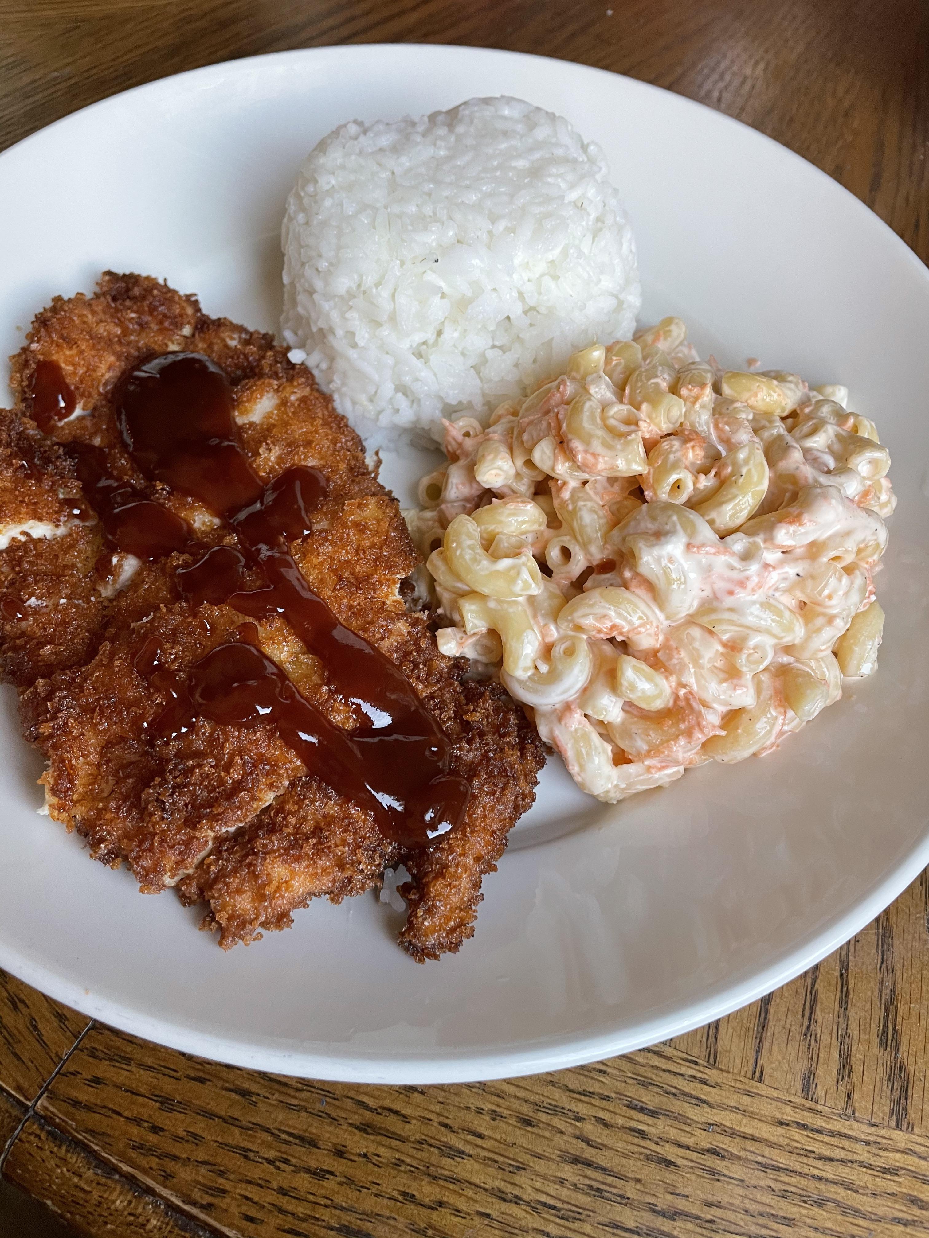 Hawaiian style chicken katsu with homemade tonkatsu sauce, Mac salad
