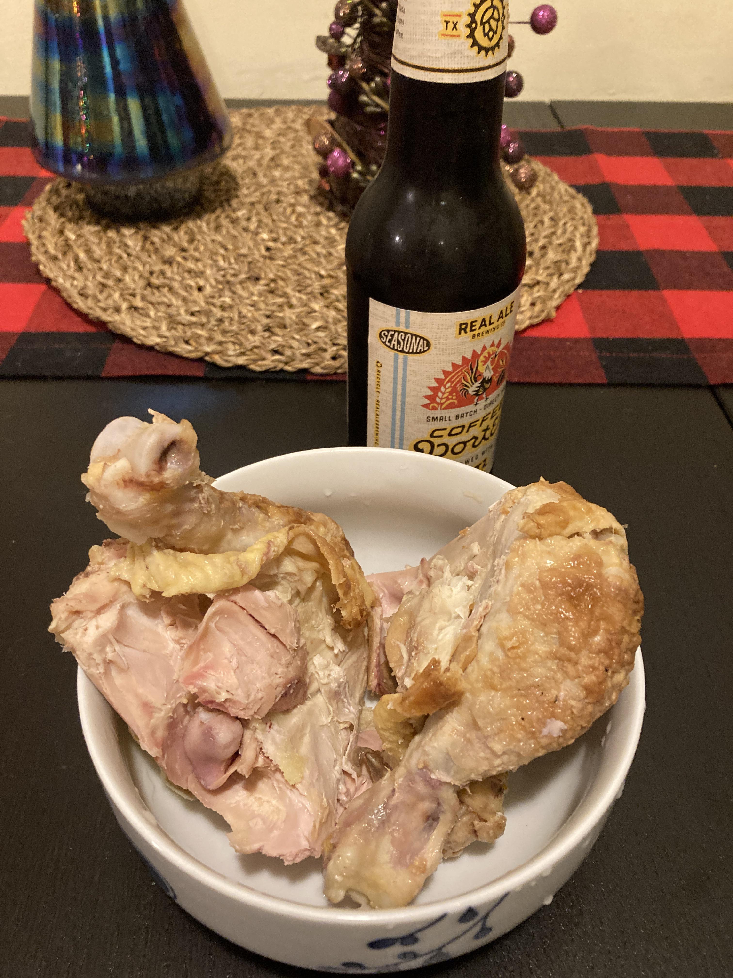 Cold Costco chicken leg quarters and beer. r/shittyfoodporn