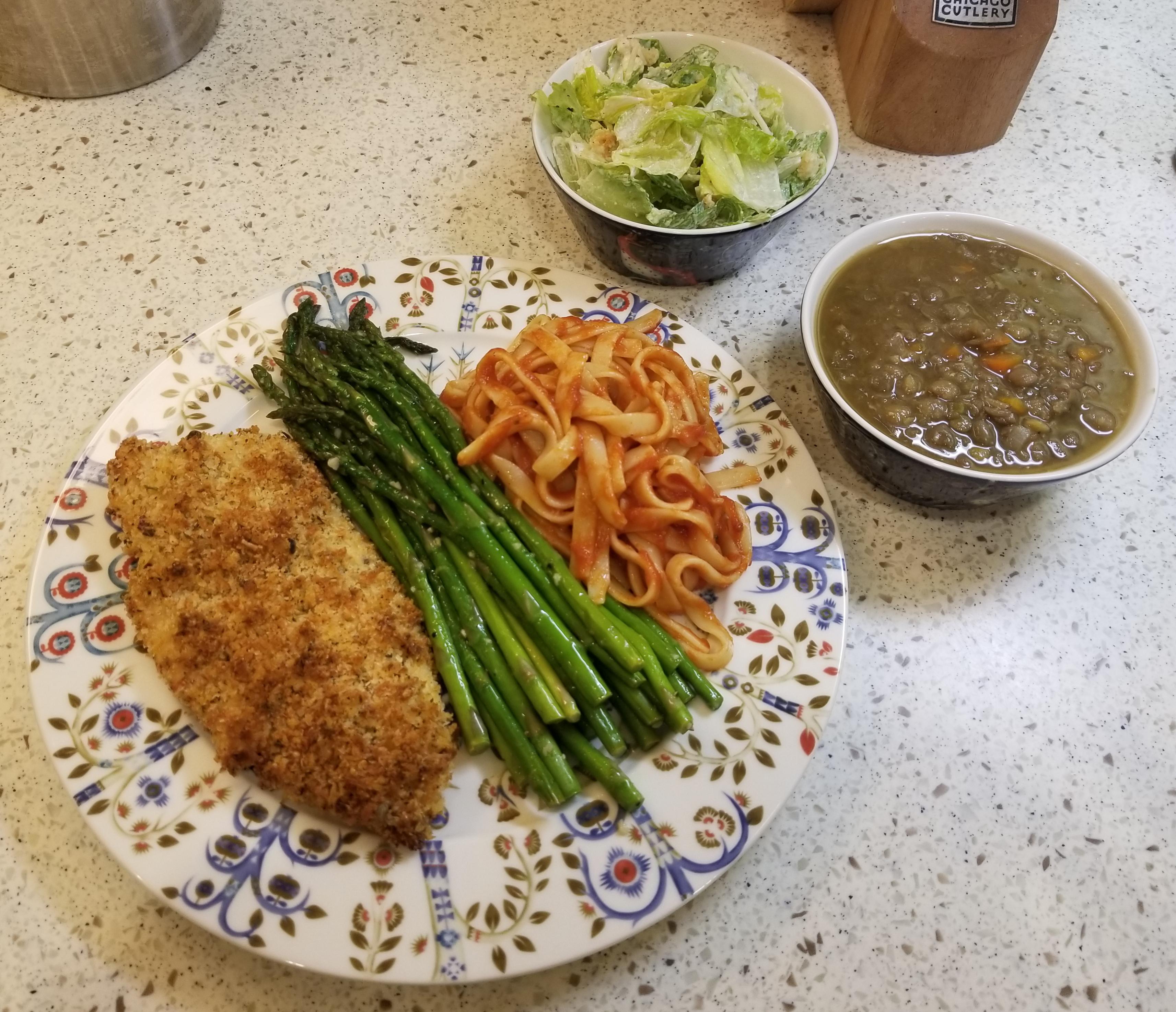 Breaded chicken cutlet, garlic lemon asparagus, pasta with marinara