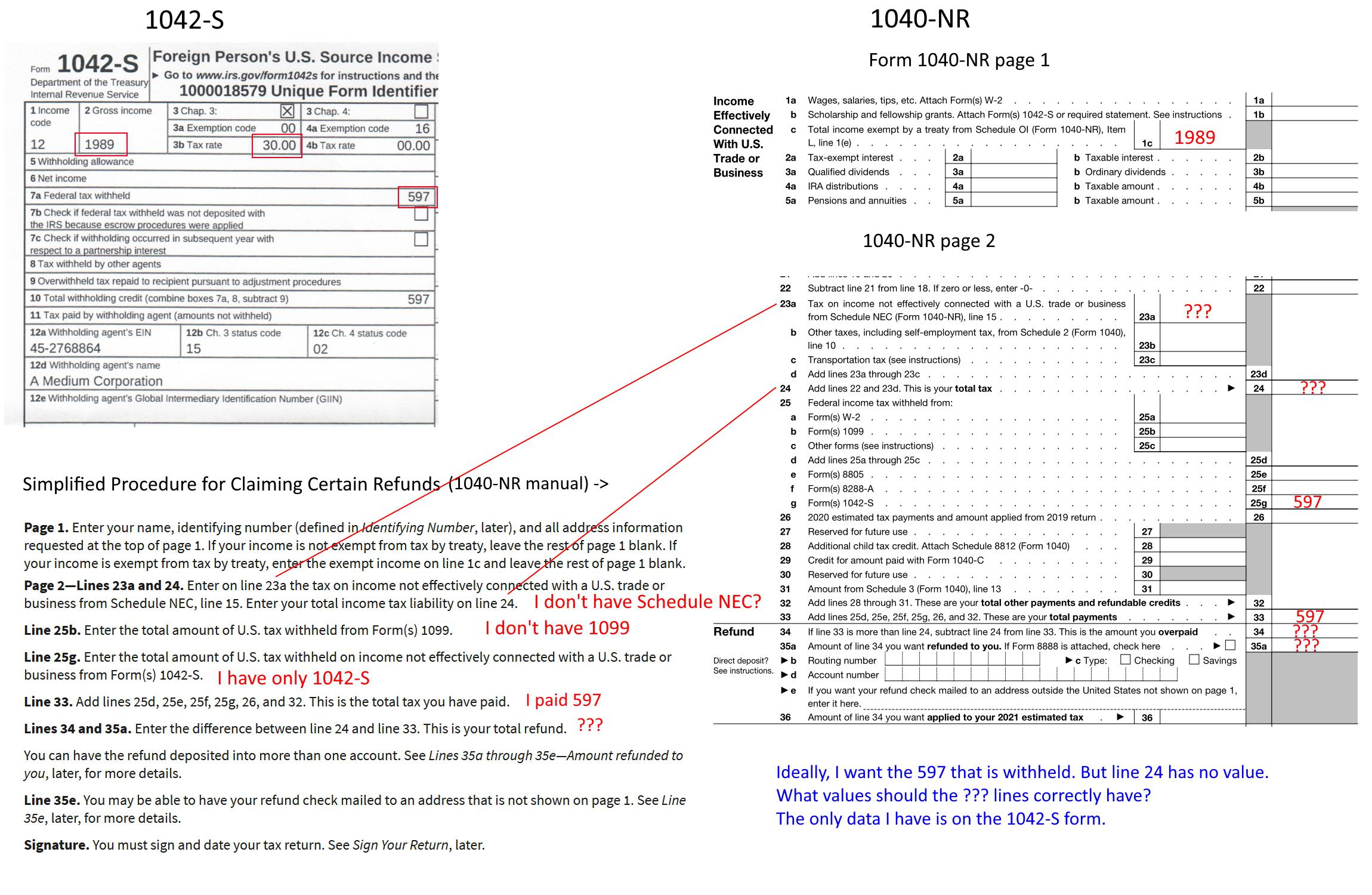 Need help with filling 1040NR form for getting back the withheld tax (30 was withheld and I am