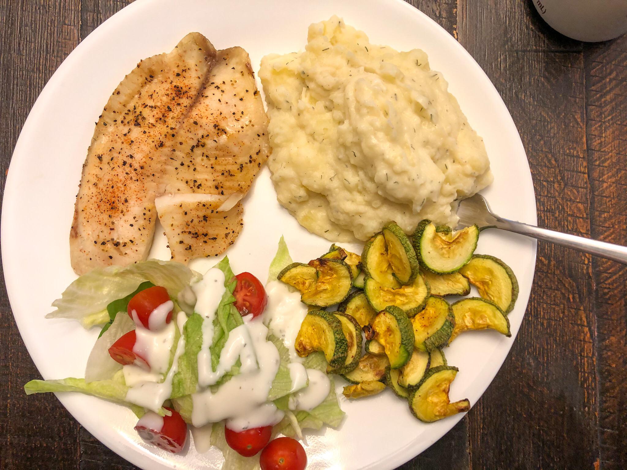 100 calories for tilapia, 37 calories for zucchini, 30 calories for