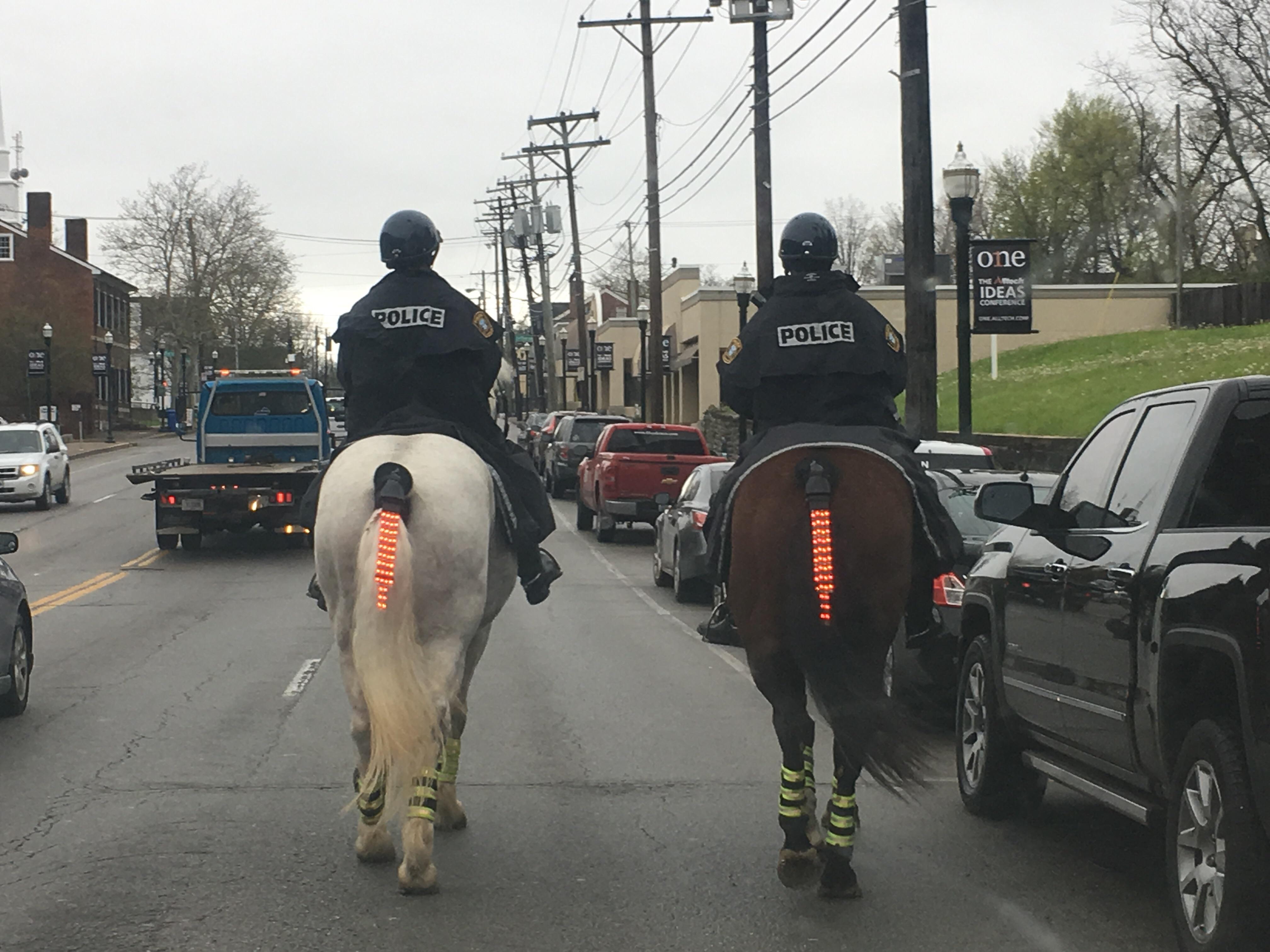 These mounted police officers have "tail lights" mildlyinteresting