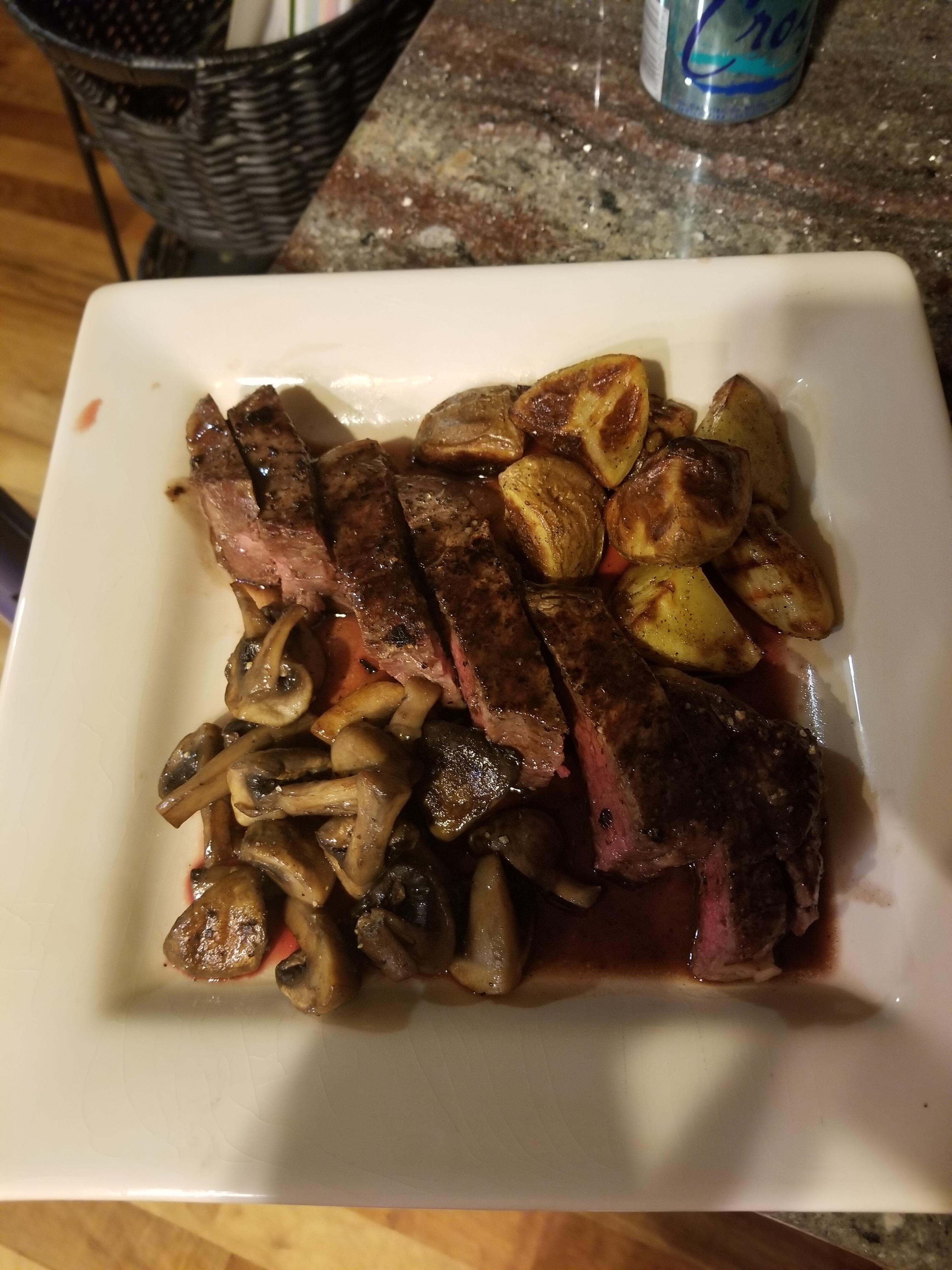 [Homemade] Ribeye with Red Wine and Demi Glace Mushrooms and Yukon