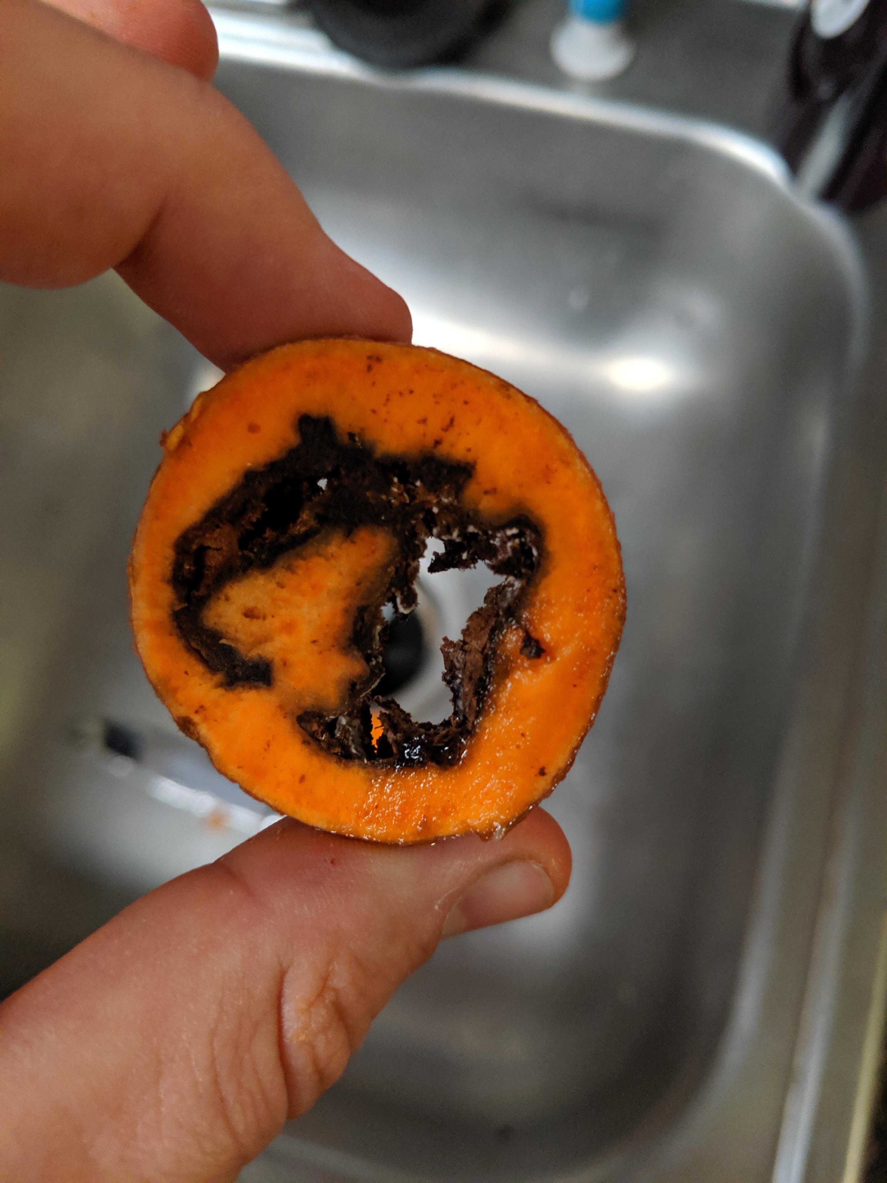 Inside of a sweet potato, about 1/4 way up (did not eat) r