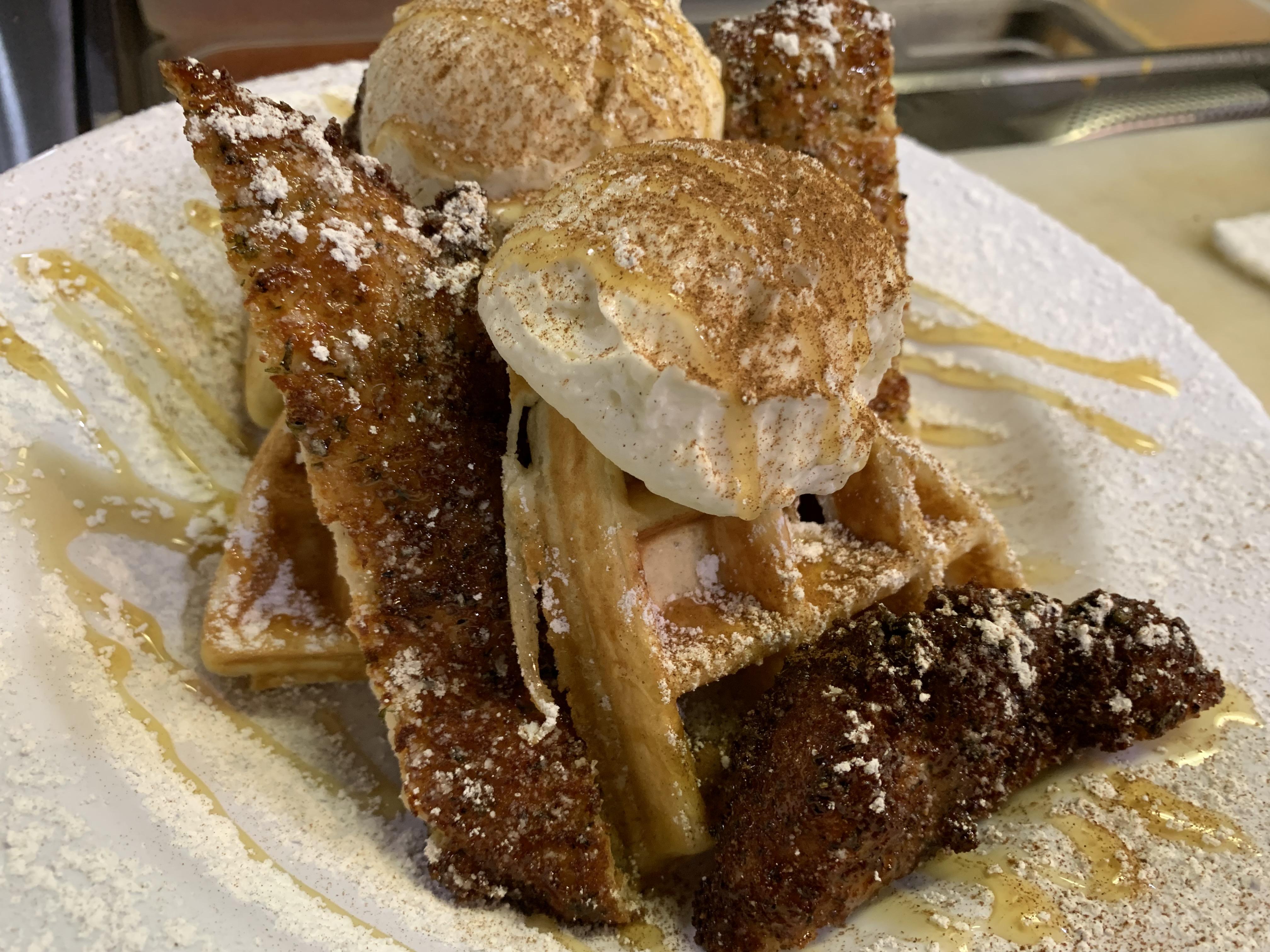 Panko Fried chicken and buttermilk waffles with local honey and