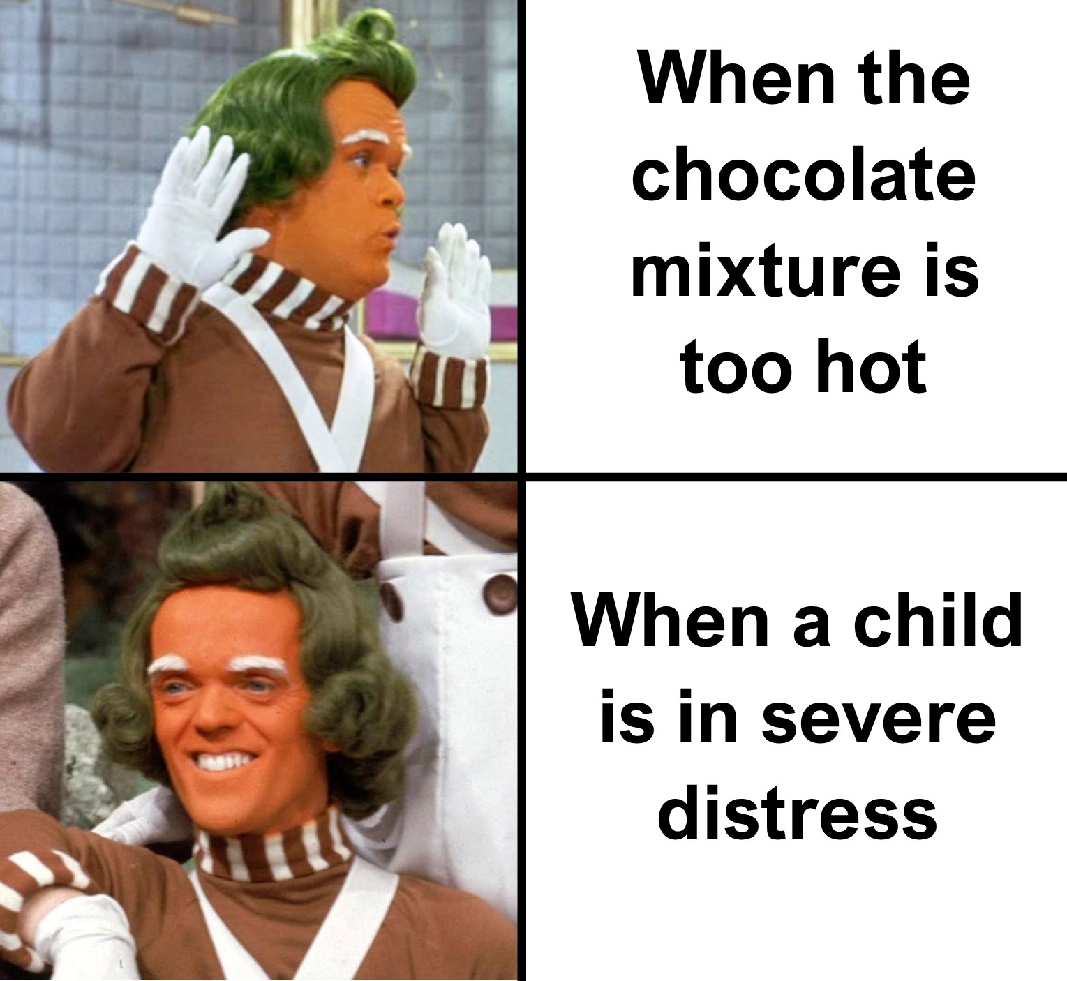 Oompa Loompa memes are trending, invest in simple, 2 panel formats for