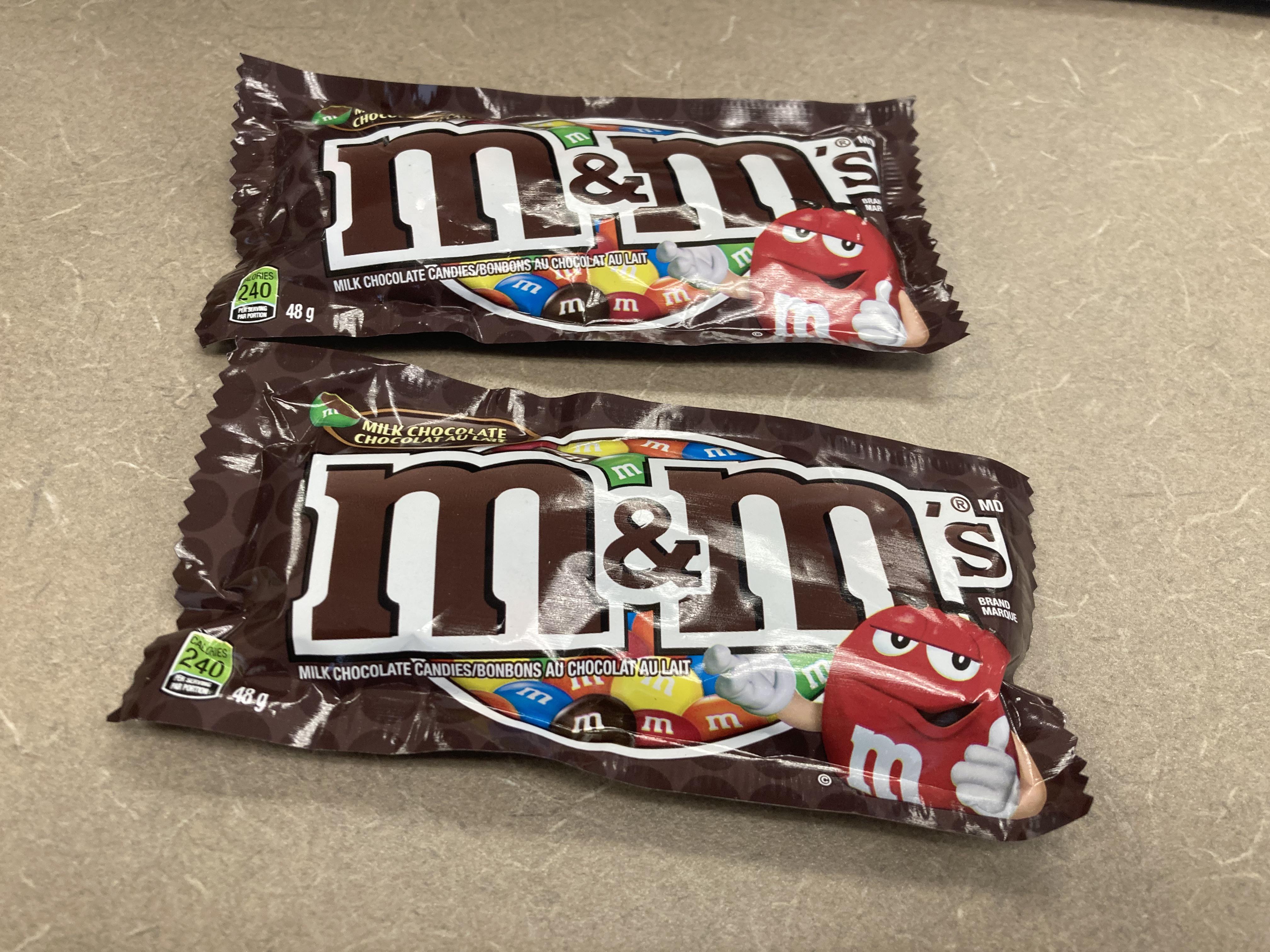 1.50 in, Two bags of M&Ms fell out. It’s like, I don’t even care what