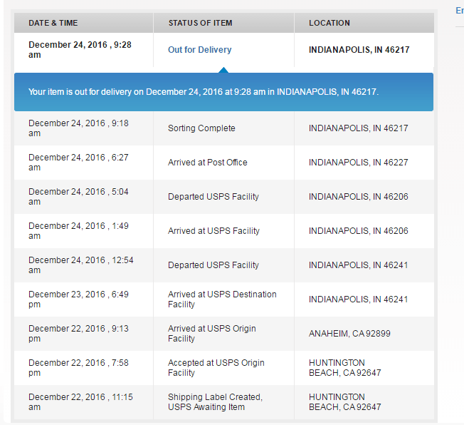 Good Job USPS! From Hunting Beach, CA to Indy in 2 days. out for