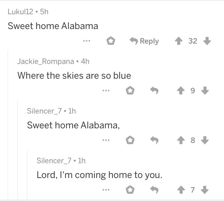 Reddit sings sweet home Alabama r/redditsings