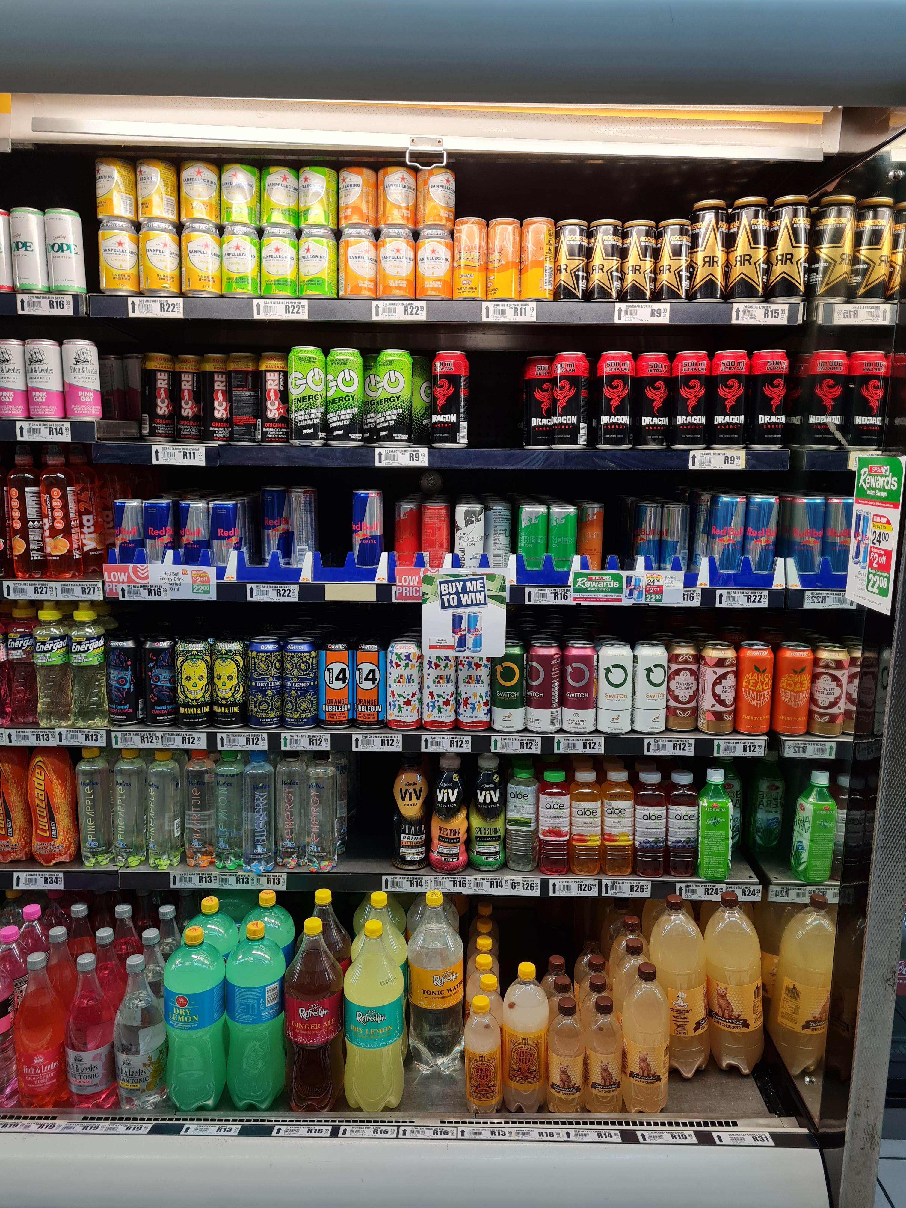 Energy drink selection at my local shop. They sell Monster as well, it