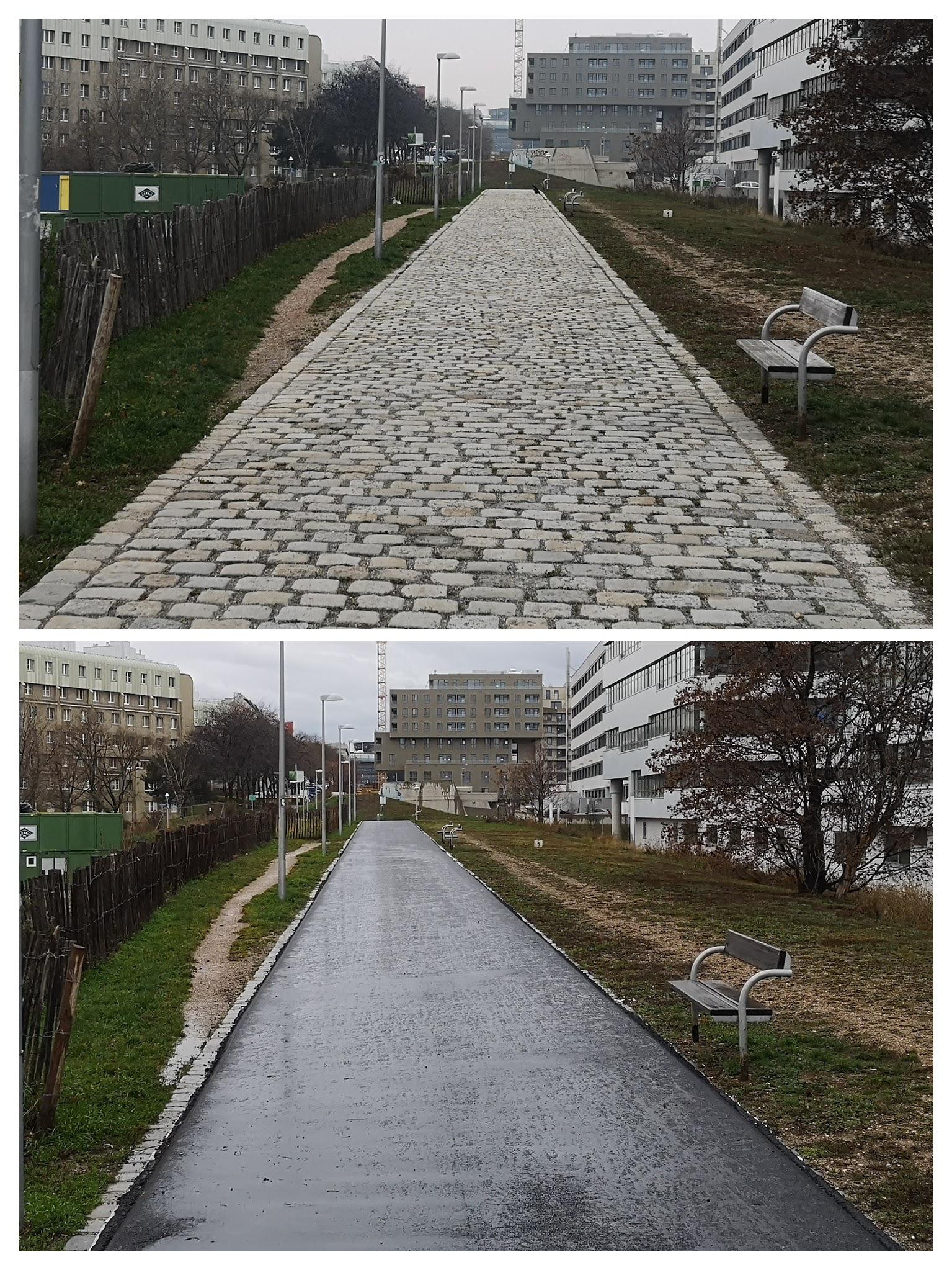 Does that count? The cobblestones were too uneven, so people made paths