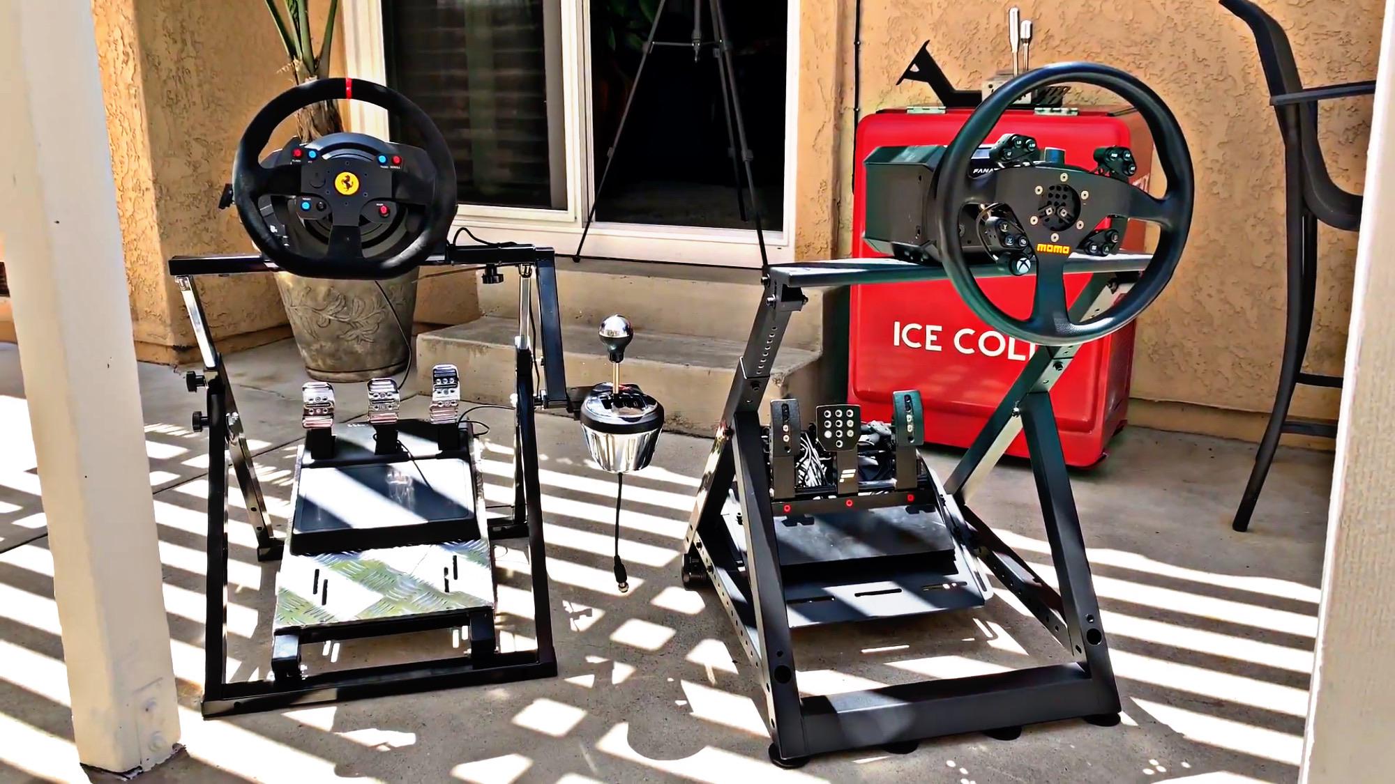 Next Level Racing 1st Gen Wheel Stand next to 2nd Gen. Race anywhere