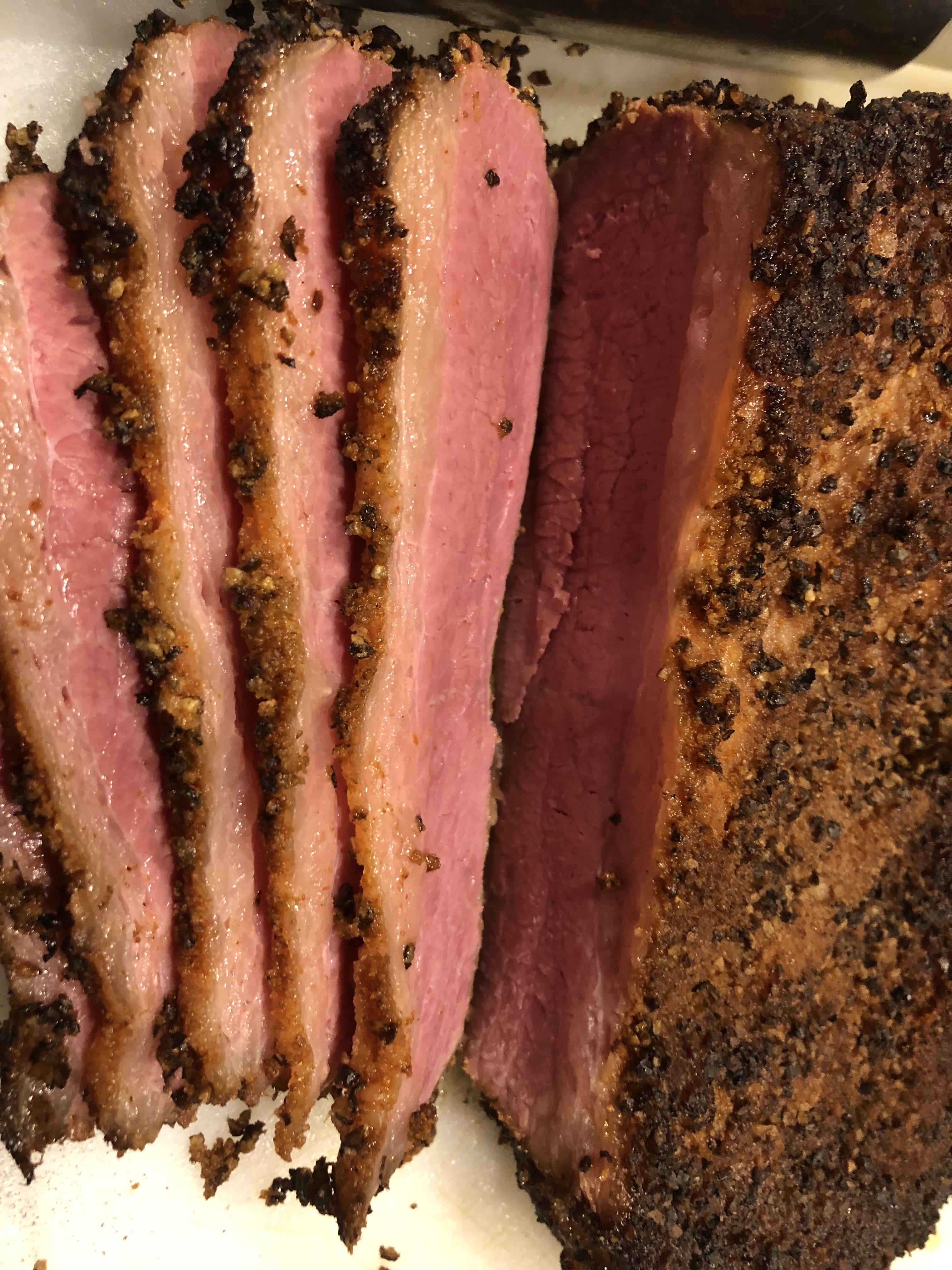 Smoked Pastrami! 5lb corn beef smoked over applewood for 7 hours. r