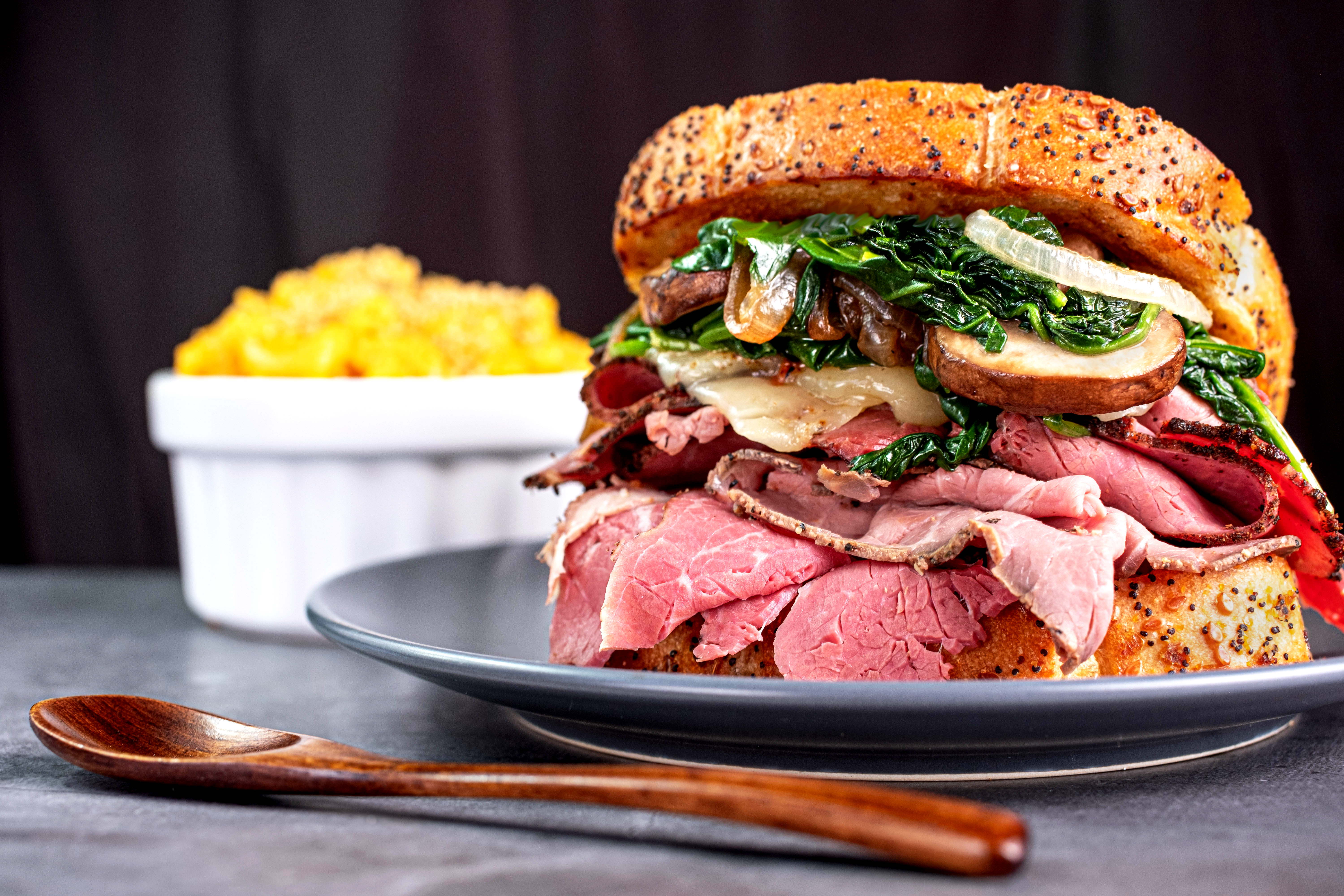 Pastrami and roast beef with spinach mushrooms and onion. r