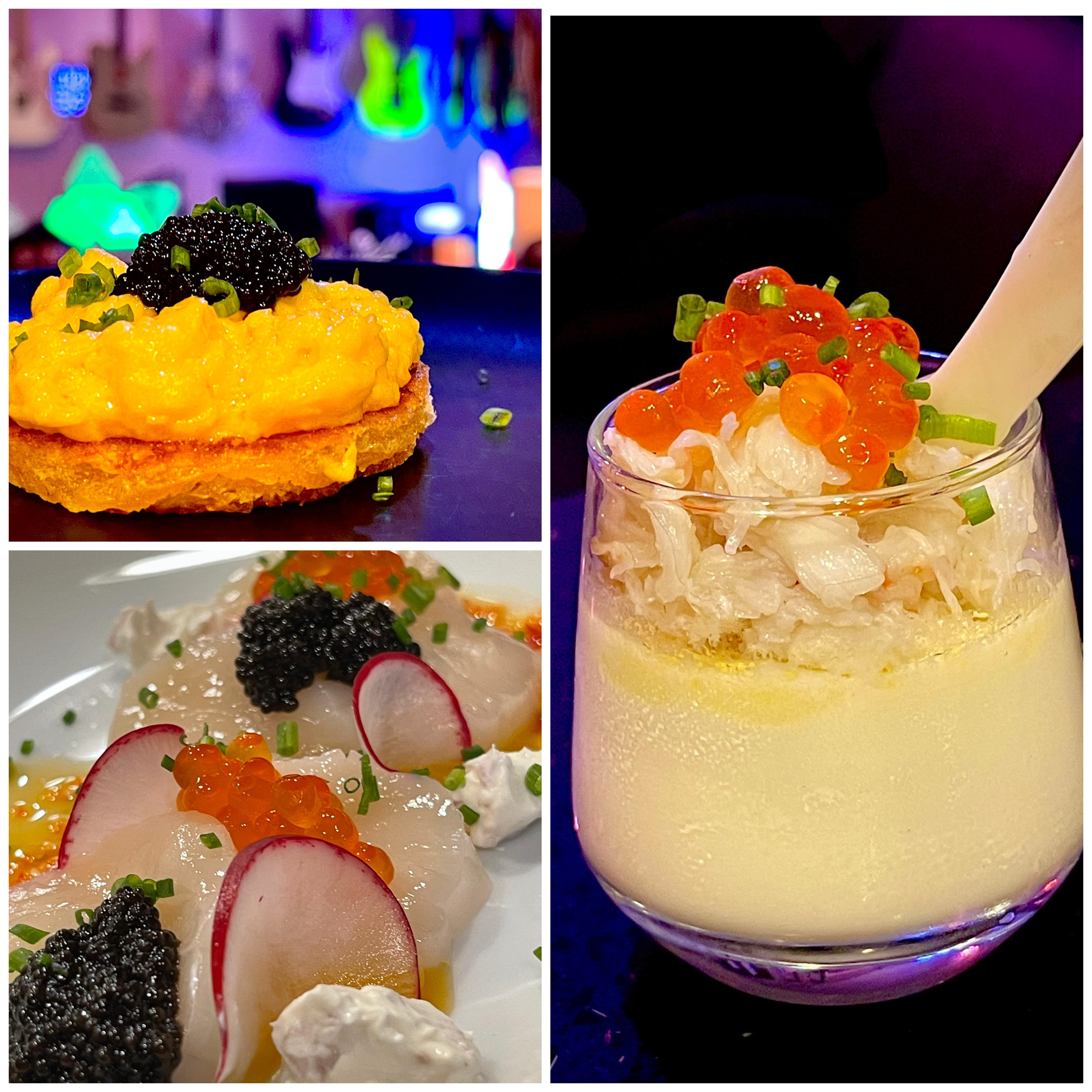 Wow. Soft Scrambled Egg with Caviar Canapé, Scallop and Caviar Crudo