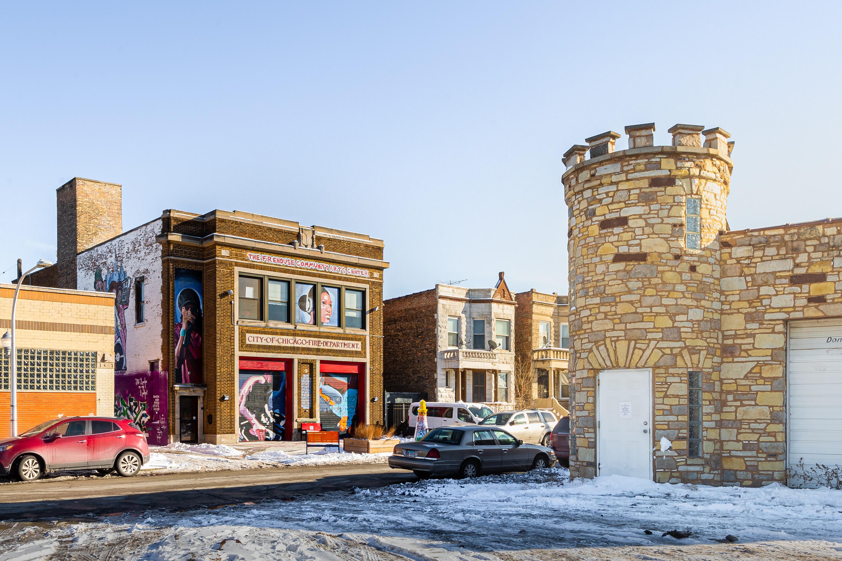 The Firehouse Community Arts Center and Castle Car Wash in North