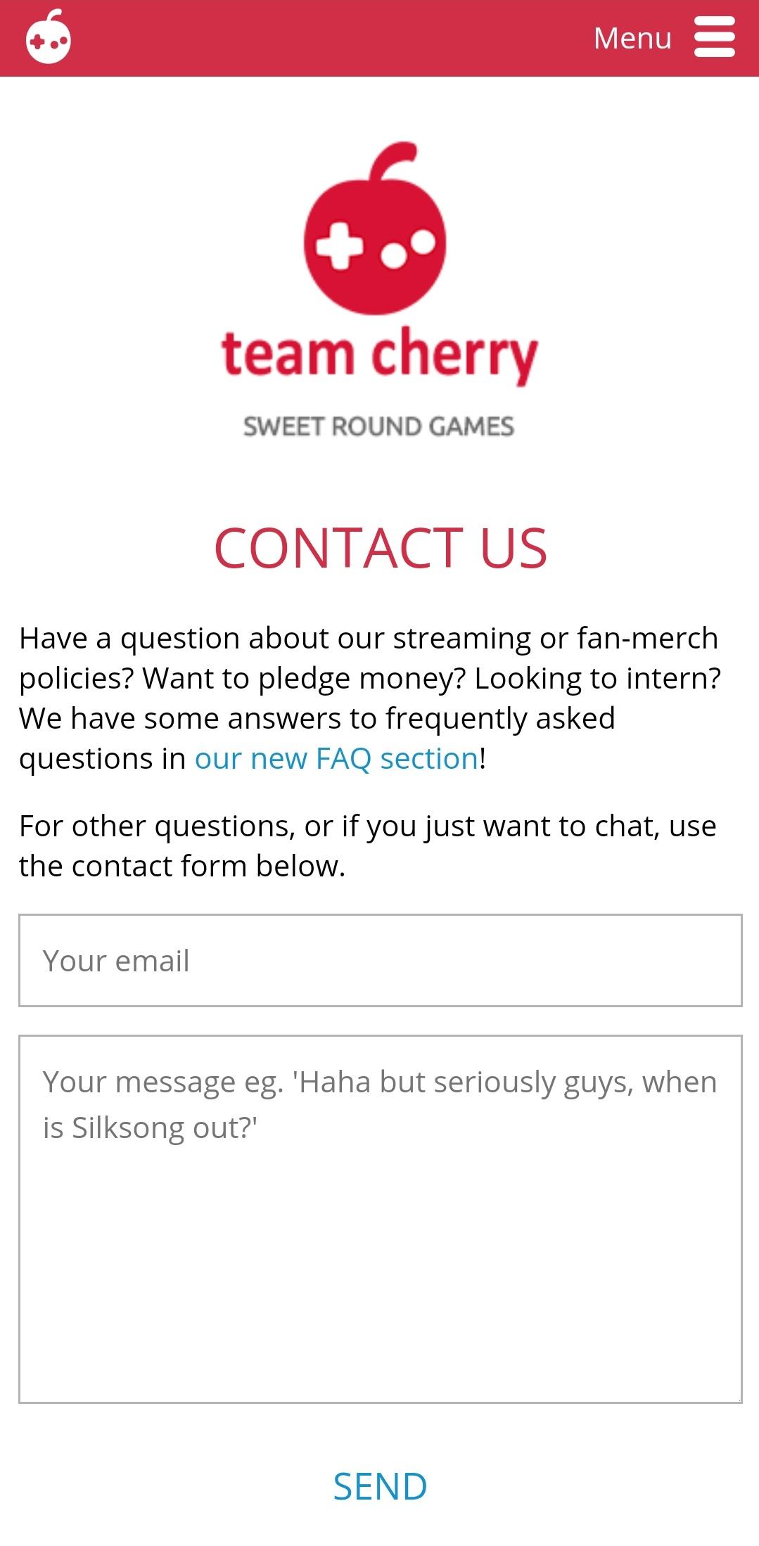 The Team Cherry contact page on their website. r/HollowKnight