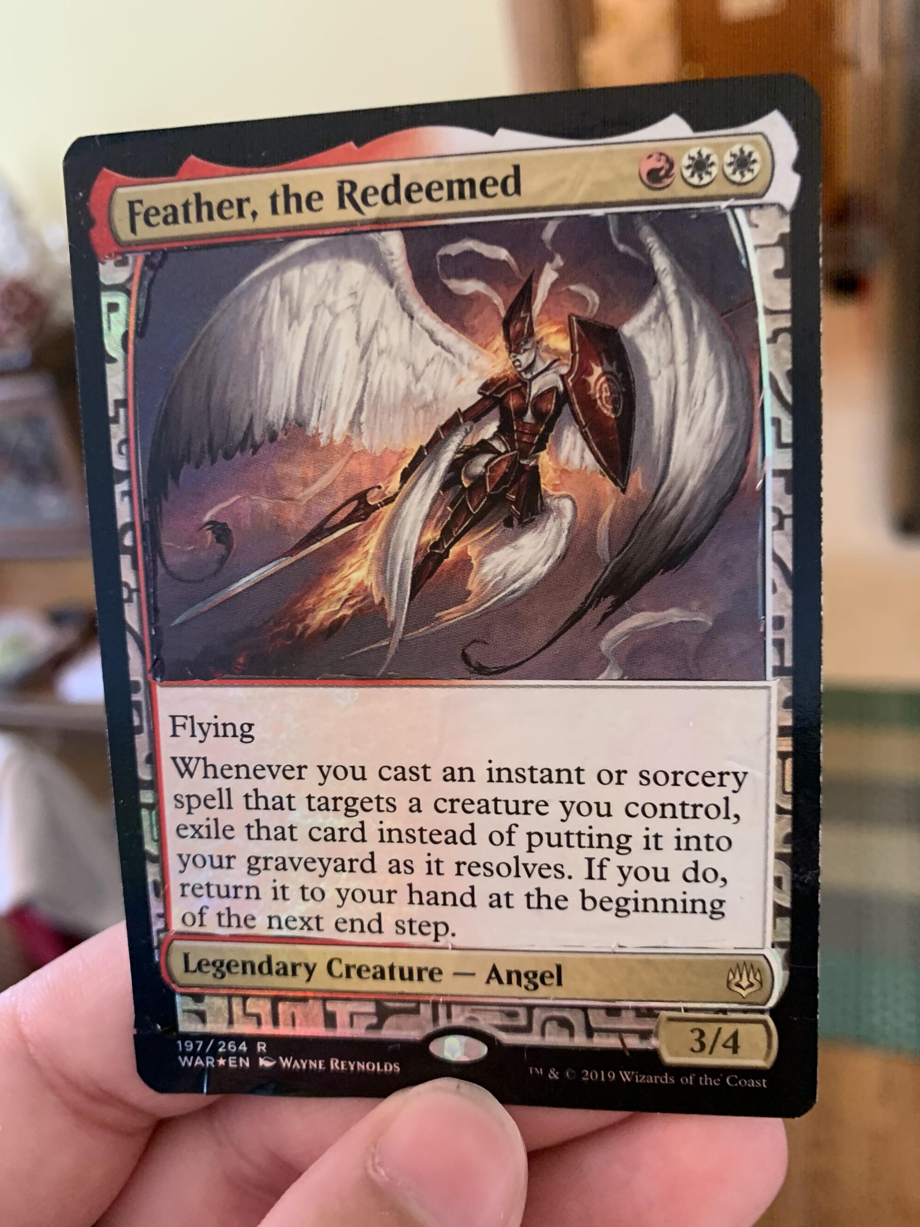 Feather, the Redeemed foil peel (art by Matt Cavotta, from Firemane