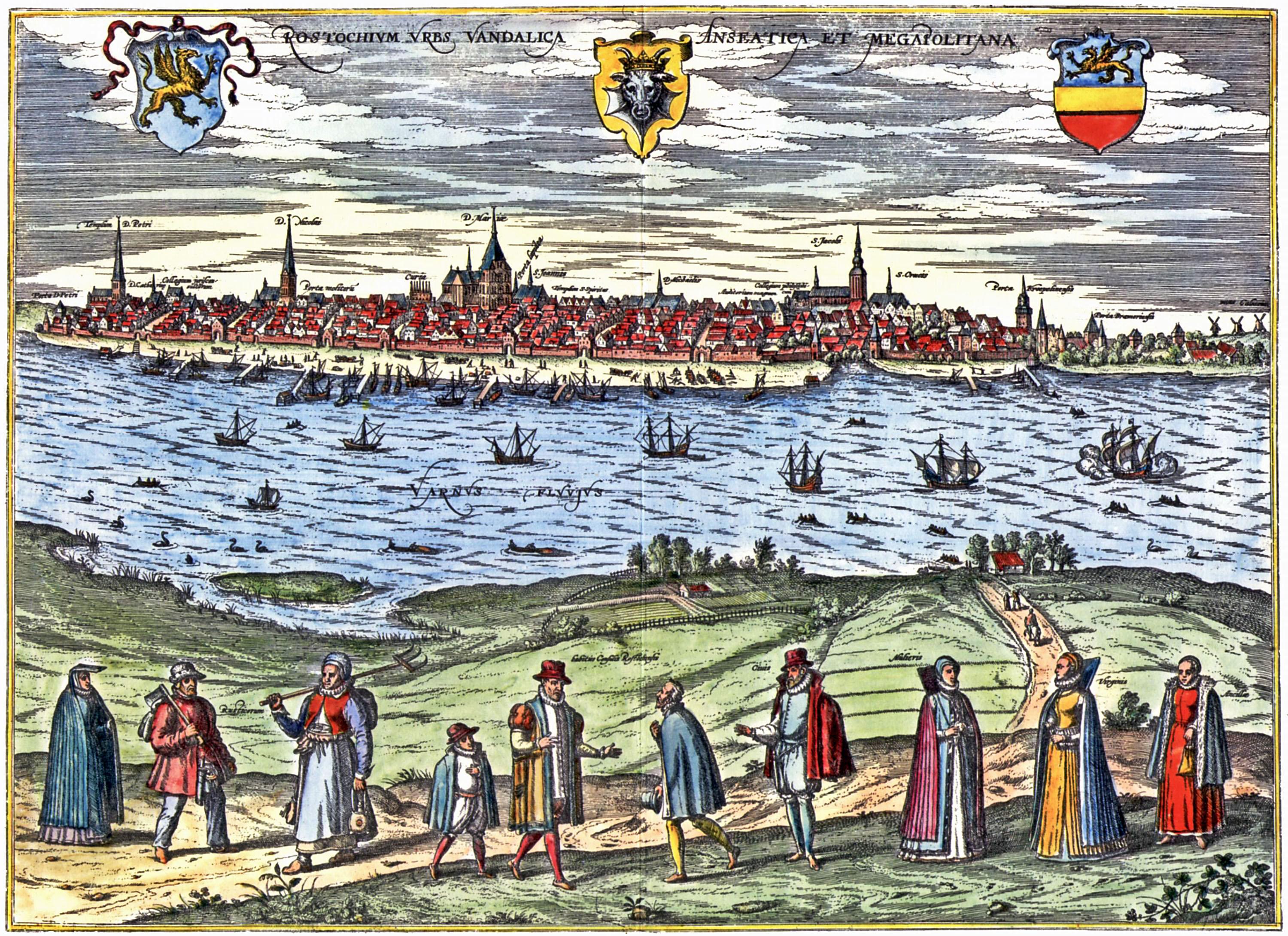 Panoramic view of Rostock, Germany in 1597 by Franz Hogenberg