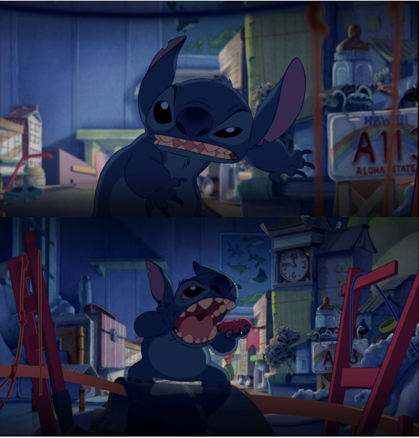 In Lilo & Stitch (2002) When Stitch is destroying the miniature San