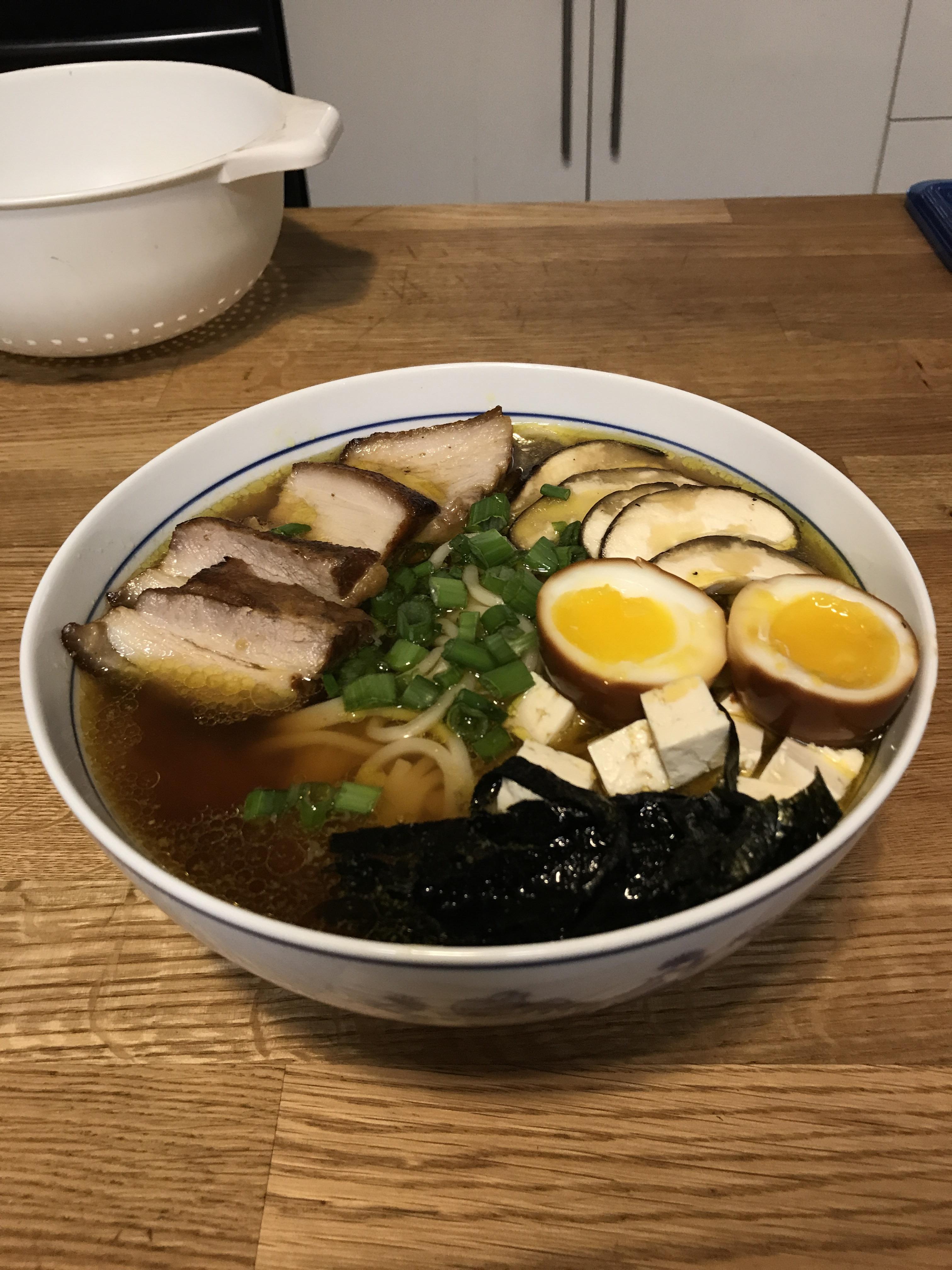 First attempt at shoyu ramen. With chashu, onsen egg, shiitake