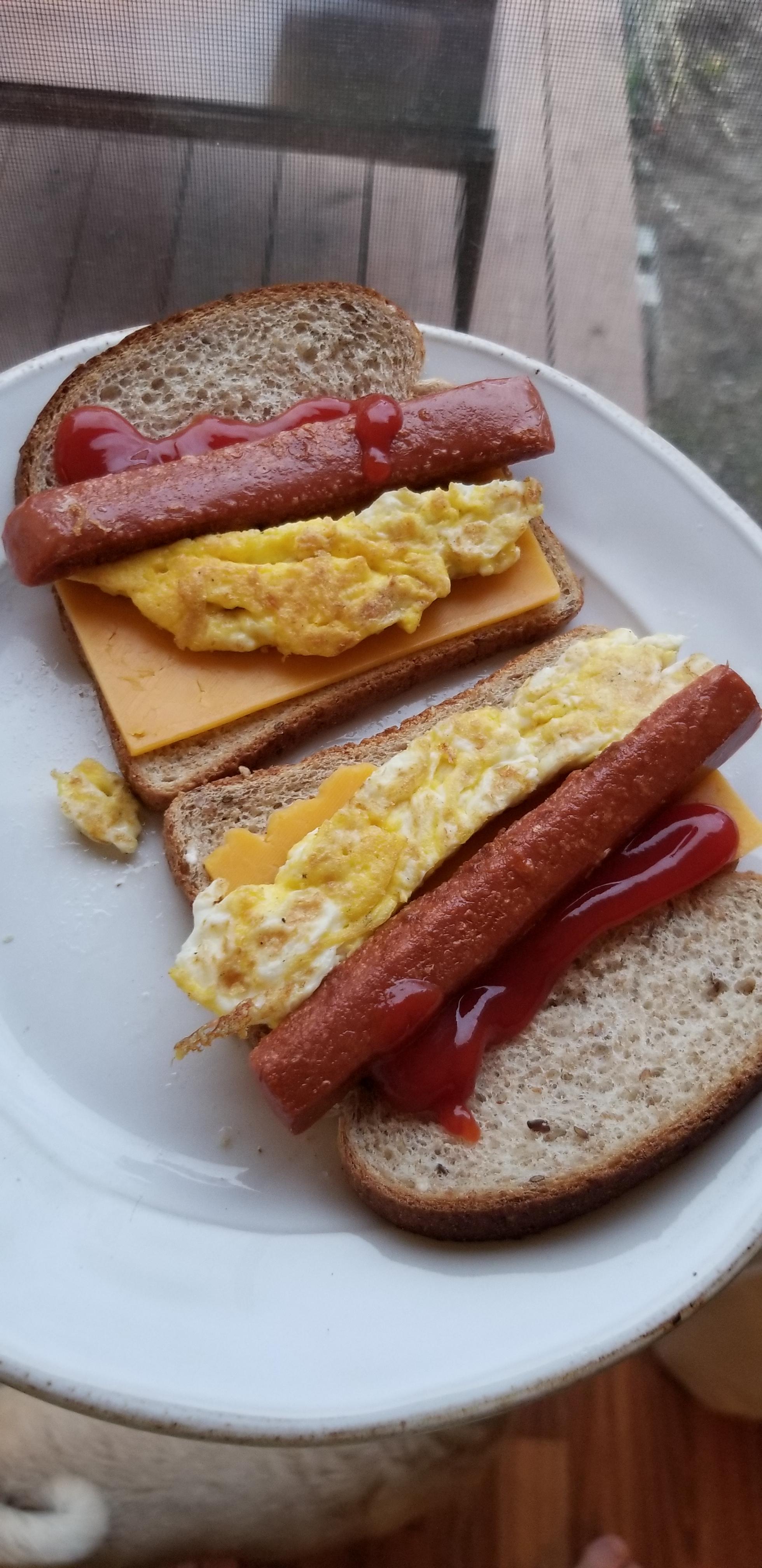 My veggiedogscrambledegg sandwiches. Taste better than they look