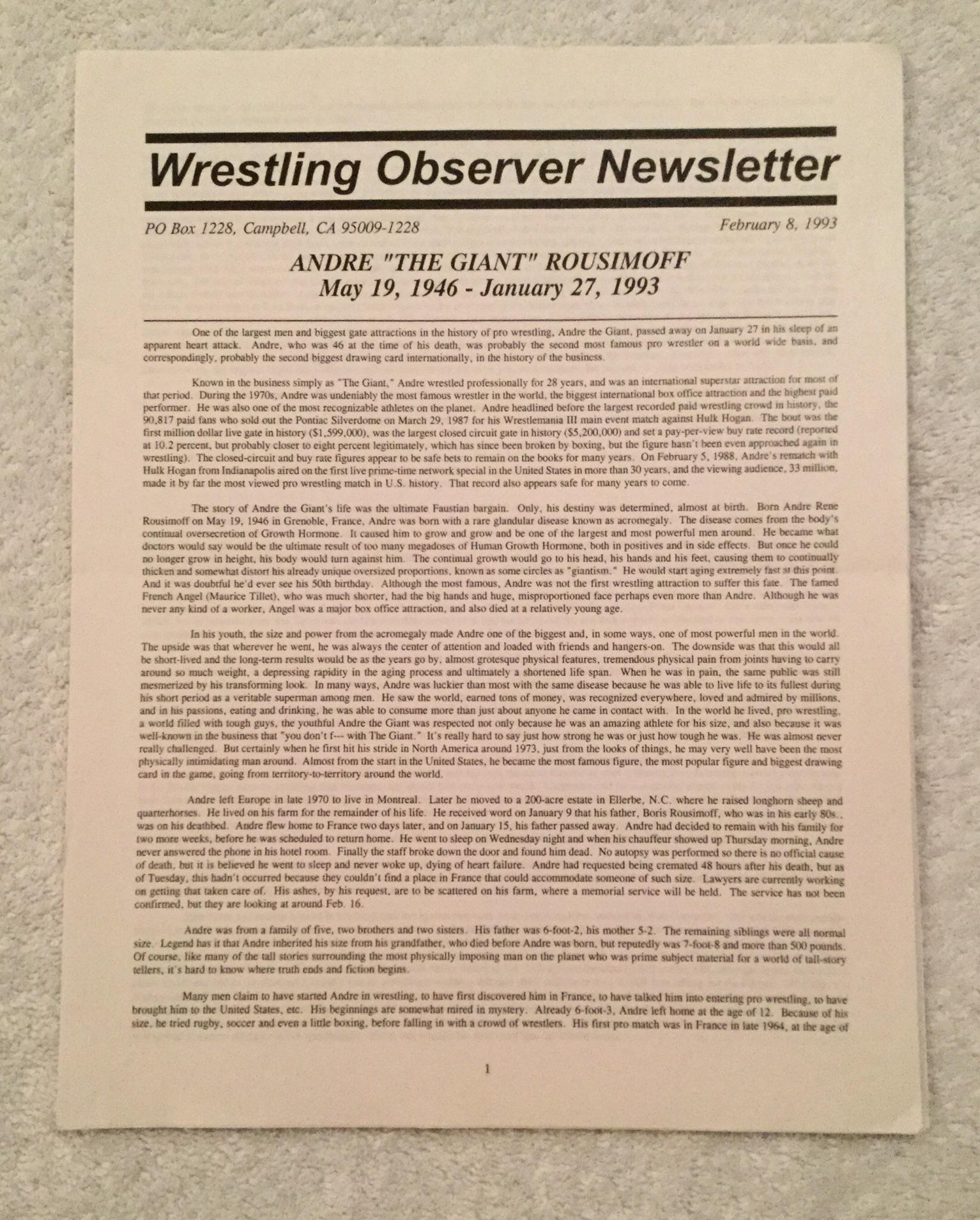 Andre the Giant Obituary Issue of The Wrestling Observer Newsletter r