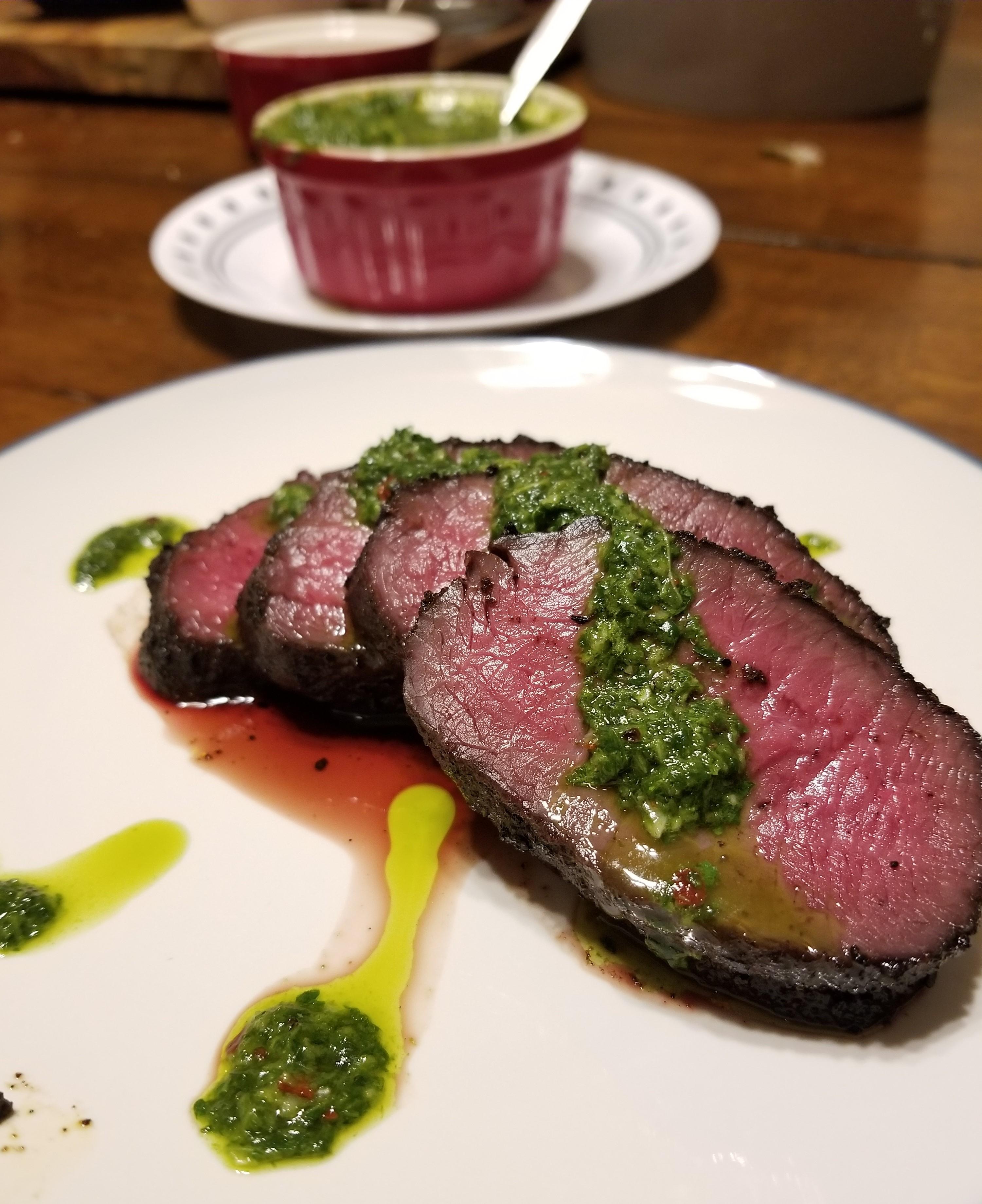 [Homemade] Ancho Chili & Coffee Rubbed Venison Tenderloin w/ Argentina