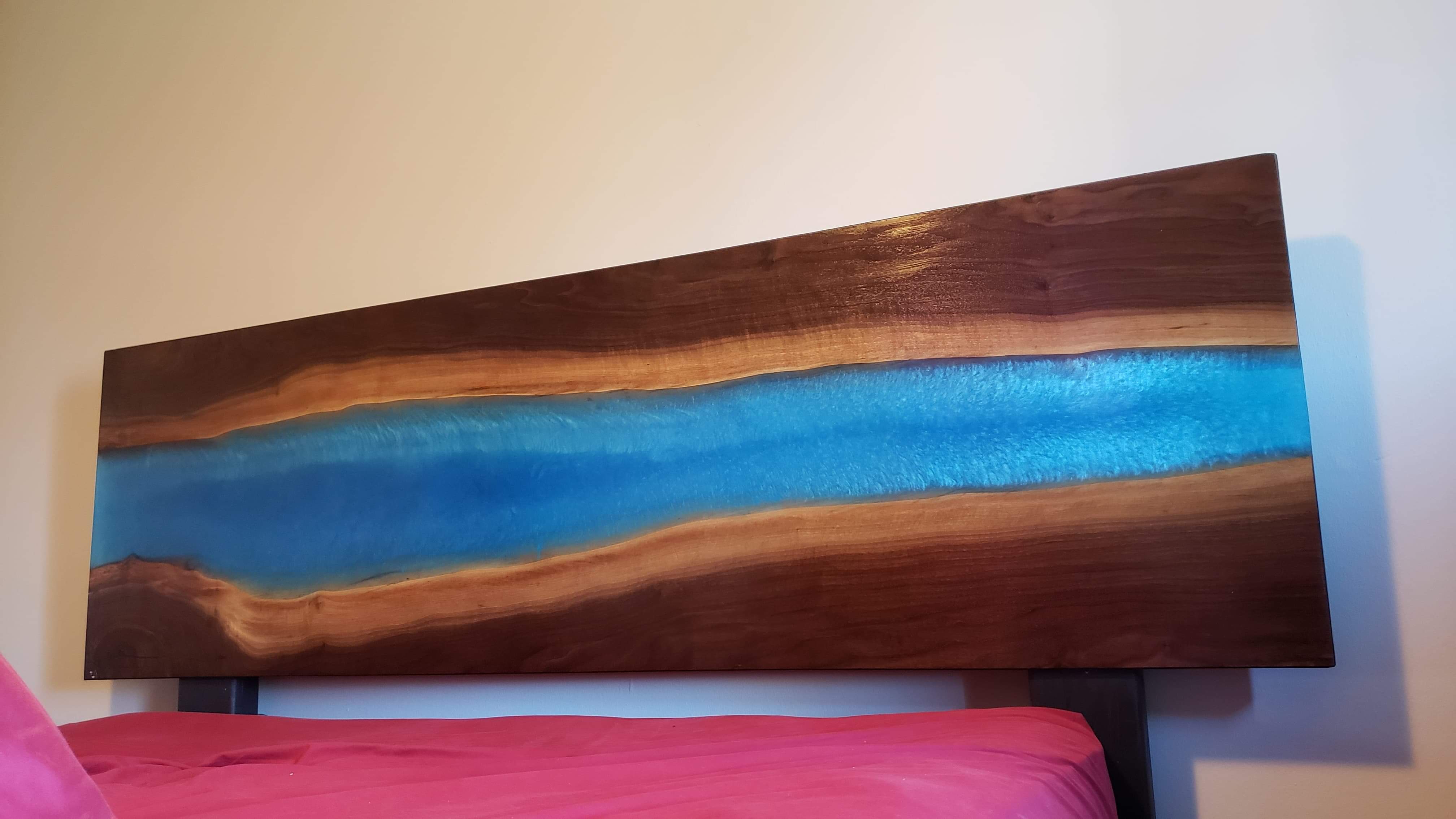 My simple walnut and epoxy headboard turned out pretty not bad, I love