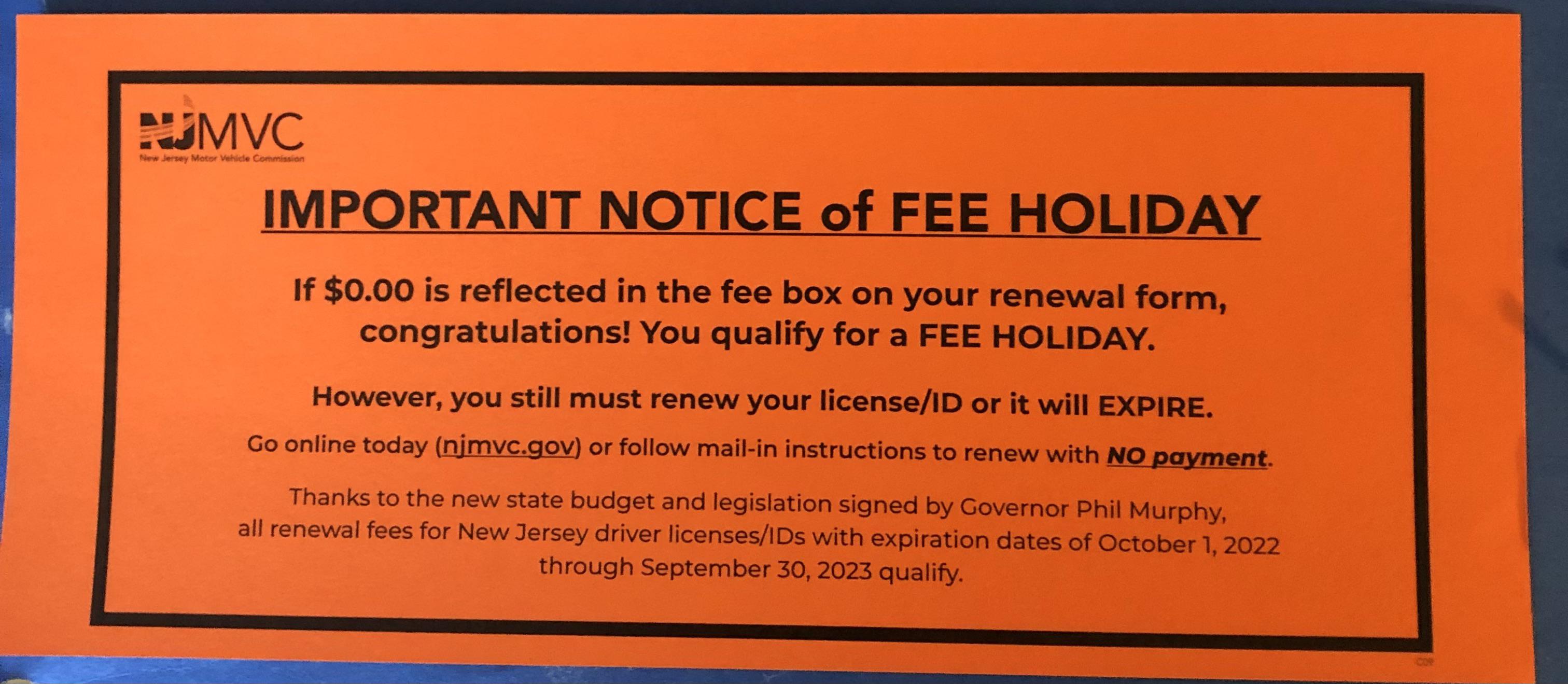 MJMVC Fee Holiday for NJ driver licenses/IDs renewal r/newjersey