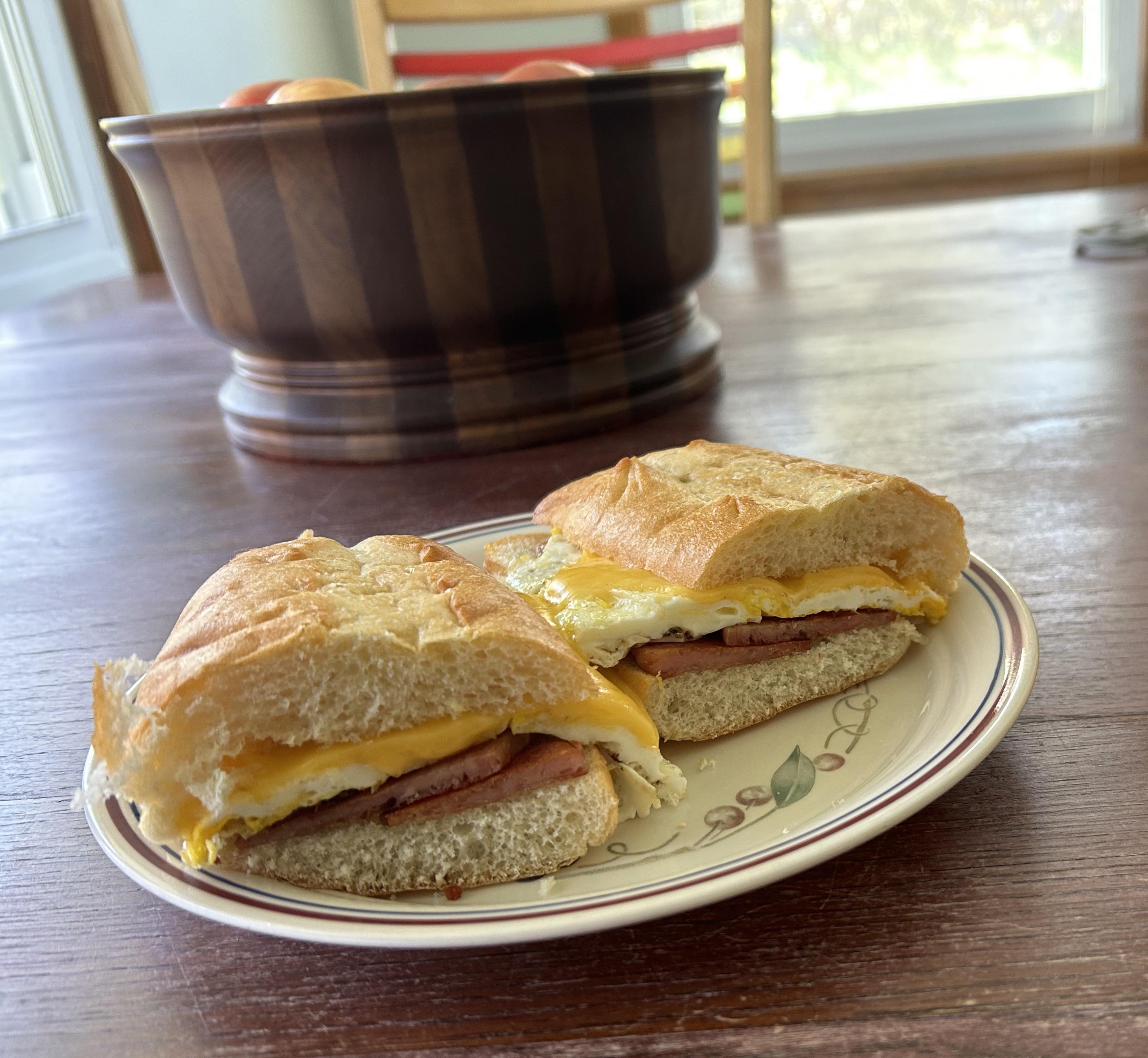 Spam, egg, and American cheese…the best cheese for breakfast sandwiches