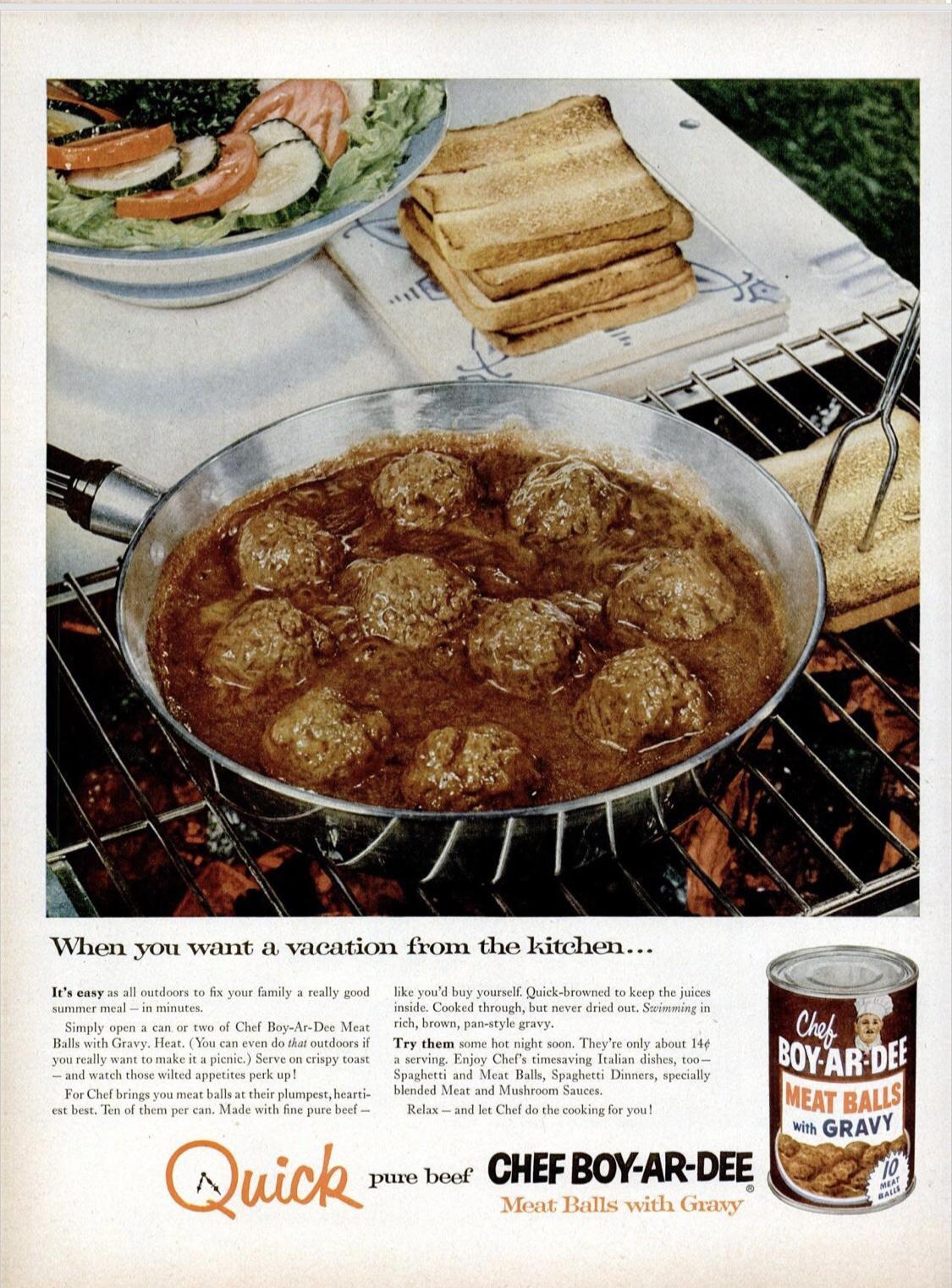 1955 Chef BoyArDee canned meatballs and gravy. r/vintageads