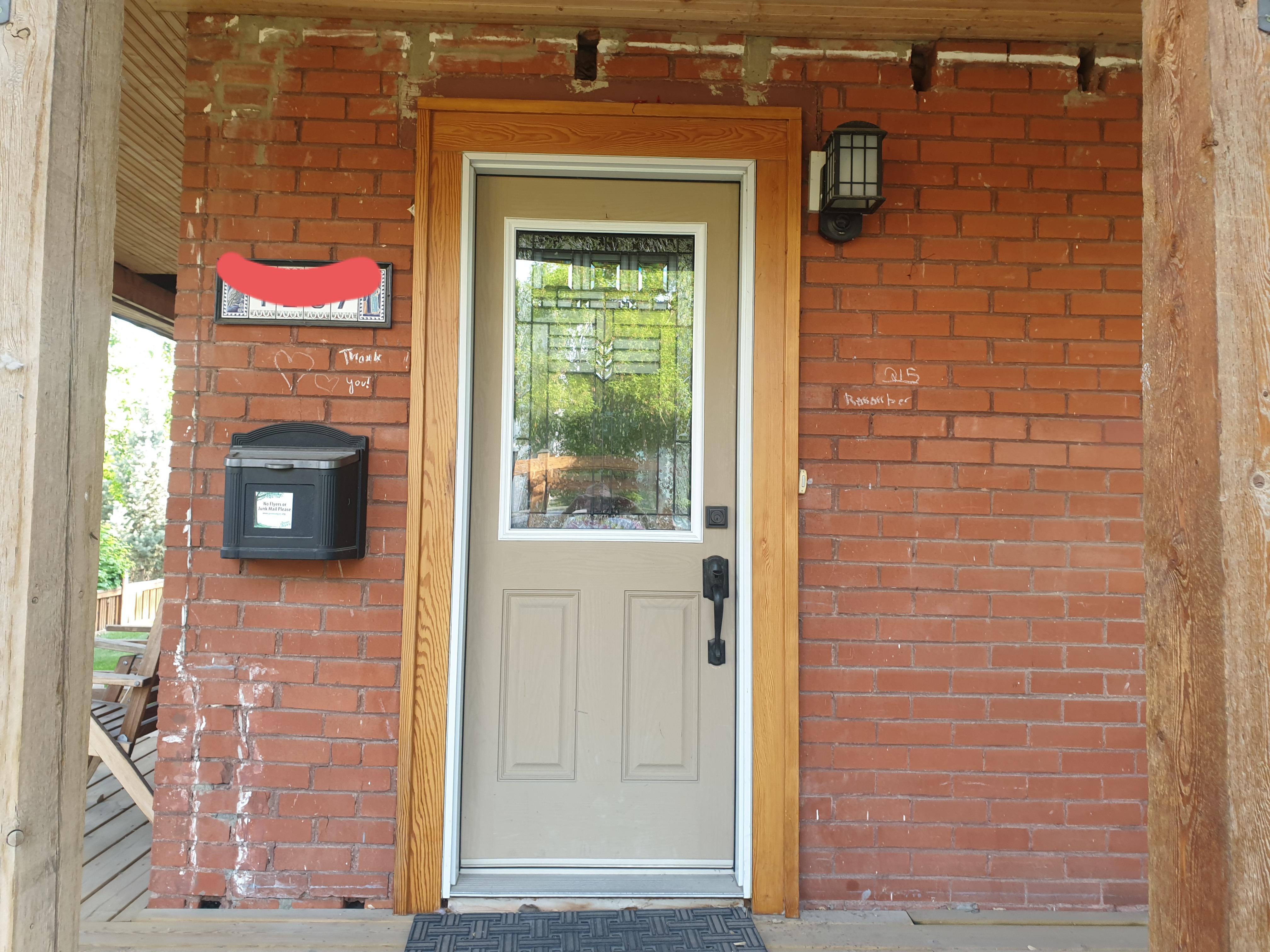What colour should I paint my door? Red brick facade, wood accents. (also, what to do with this