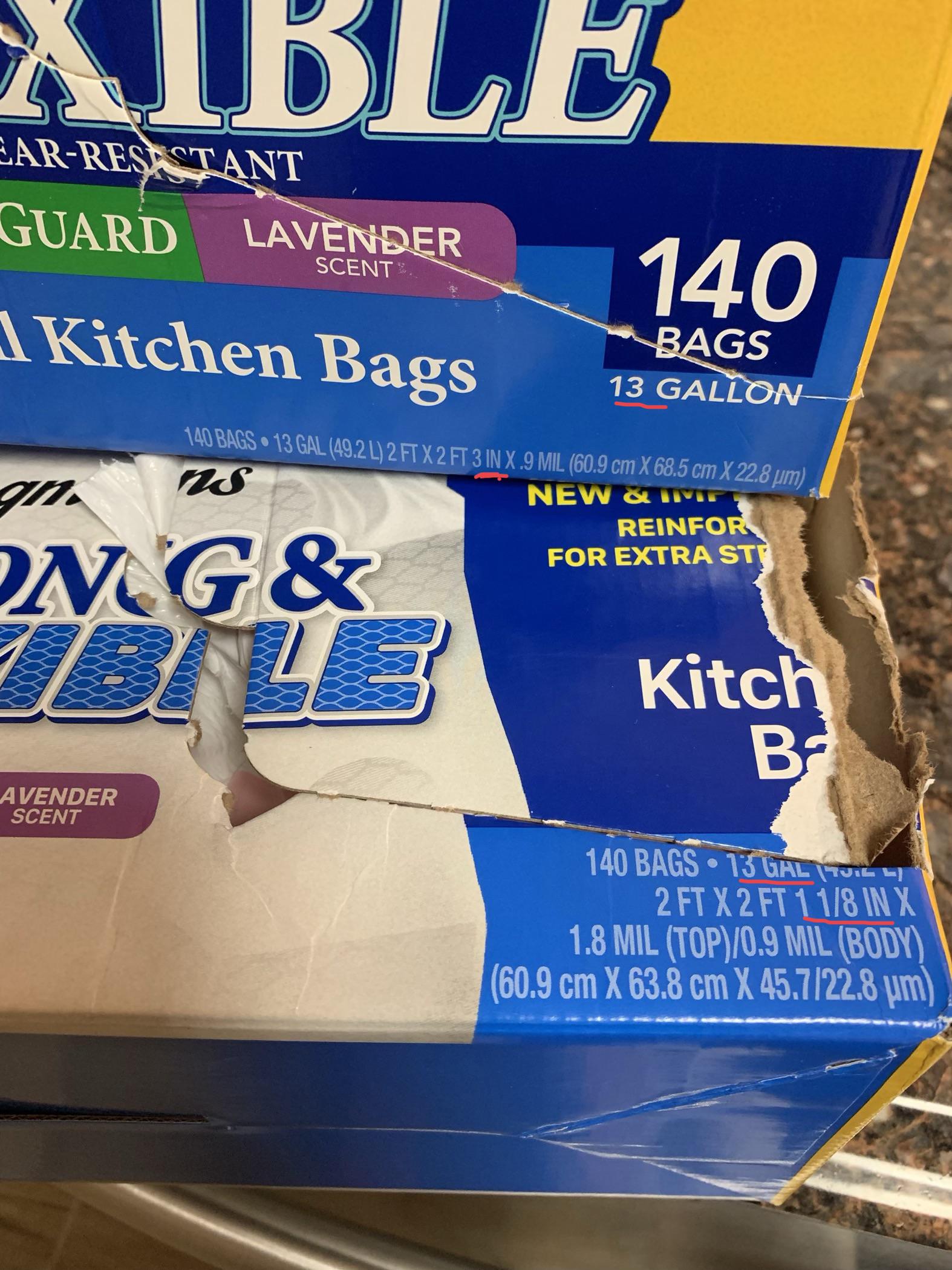 Bought a new value size pack of trash bags. Same brand and still 13