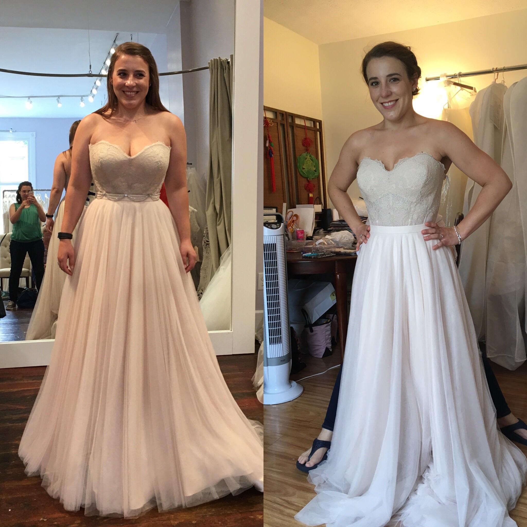 Bought a sample dress last year; lost 30+lbs. Today I had my first fitting! Before & After. r