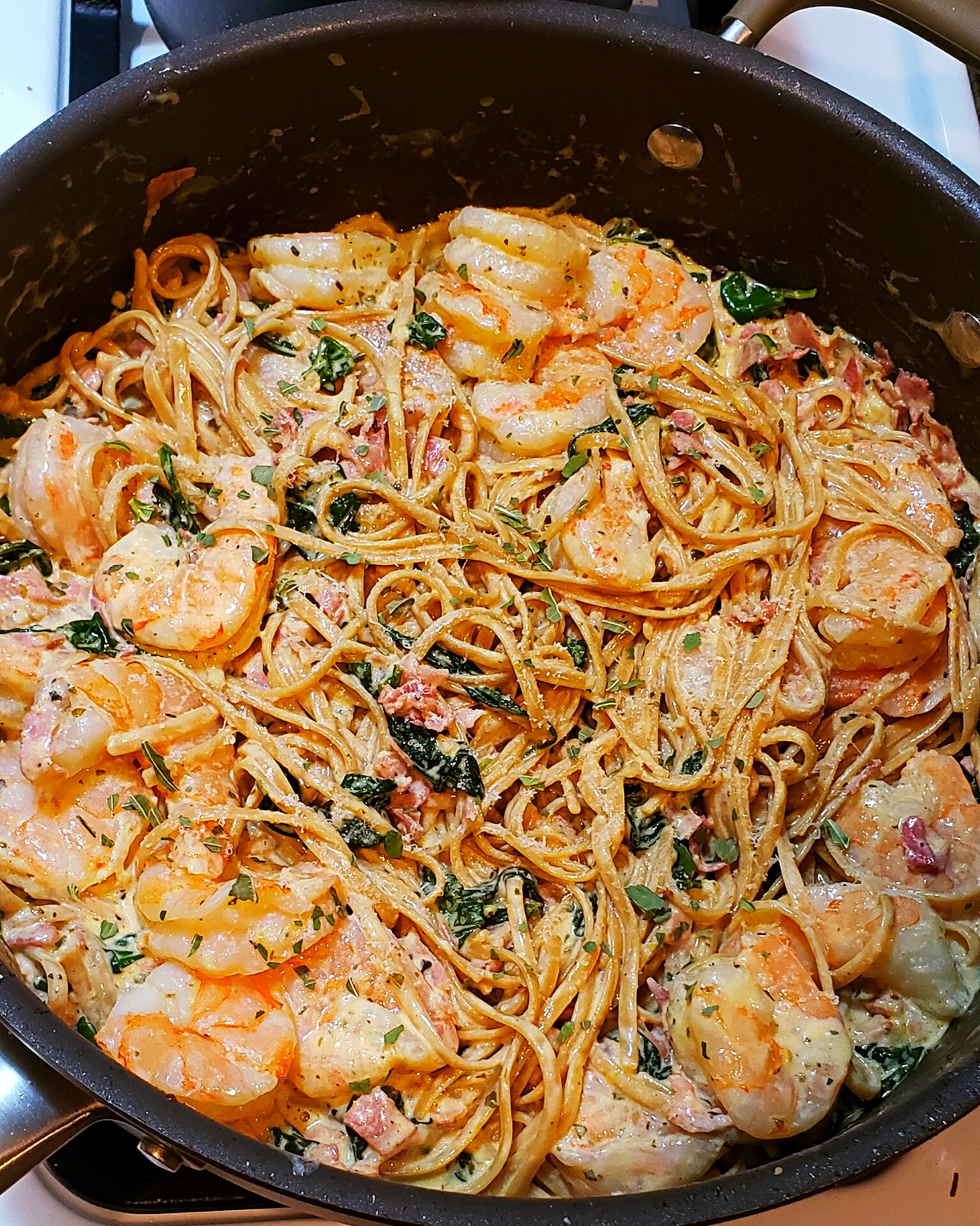 Some shrimp carbonara with some pancetta r/cookingtonight