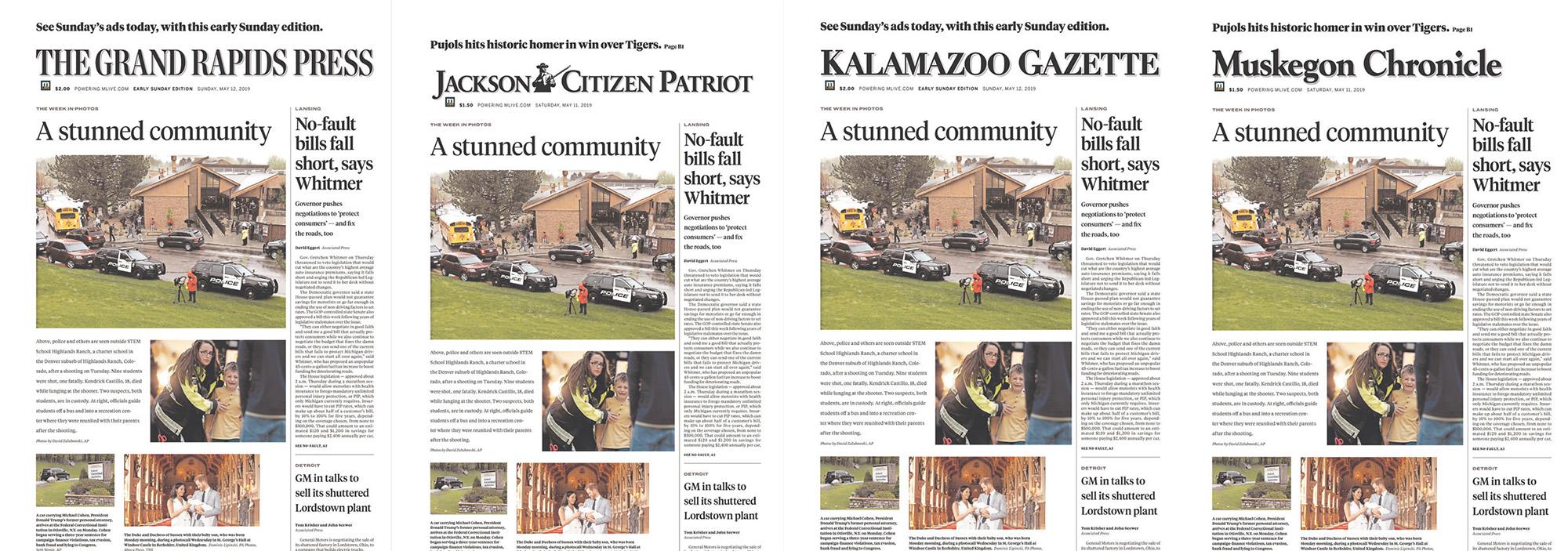 The front pages of Advance newspapers in Michigan for Saturday, May 11