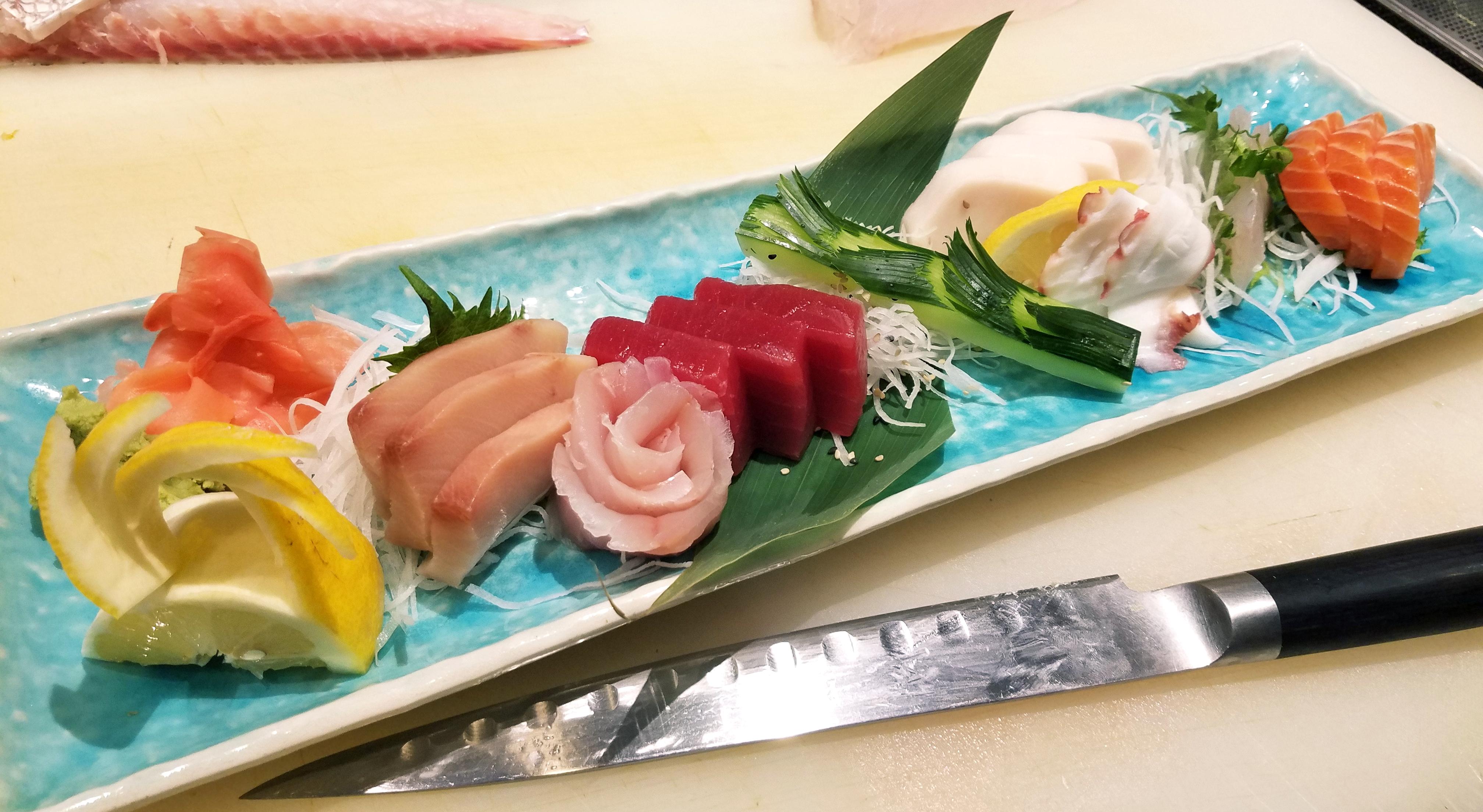 yellowtail, snapper, big eye tuna, superwhite tuna, octopus, salmon