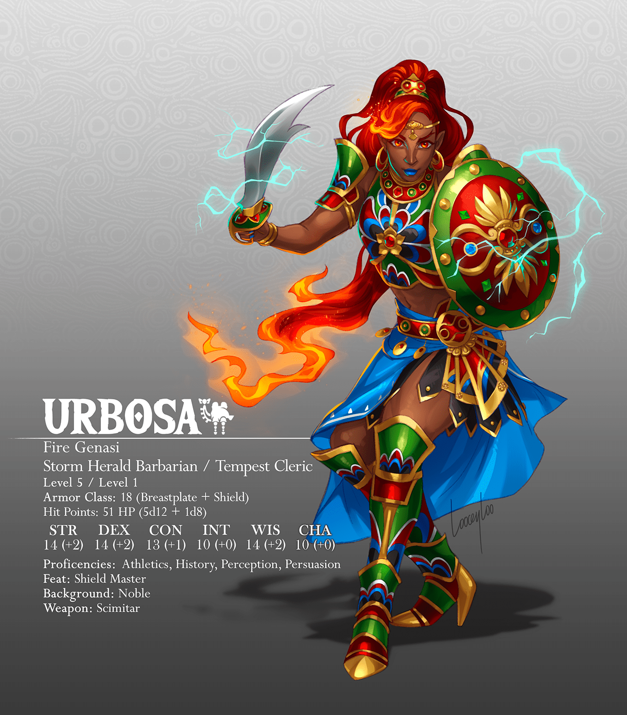 [OC] Urbosa, Fire Genasi Barbarian/Cleric (a BotWx D&D build!) r/DnD