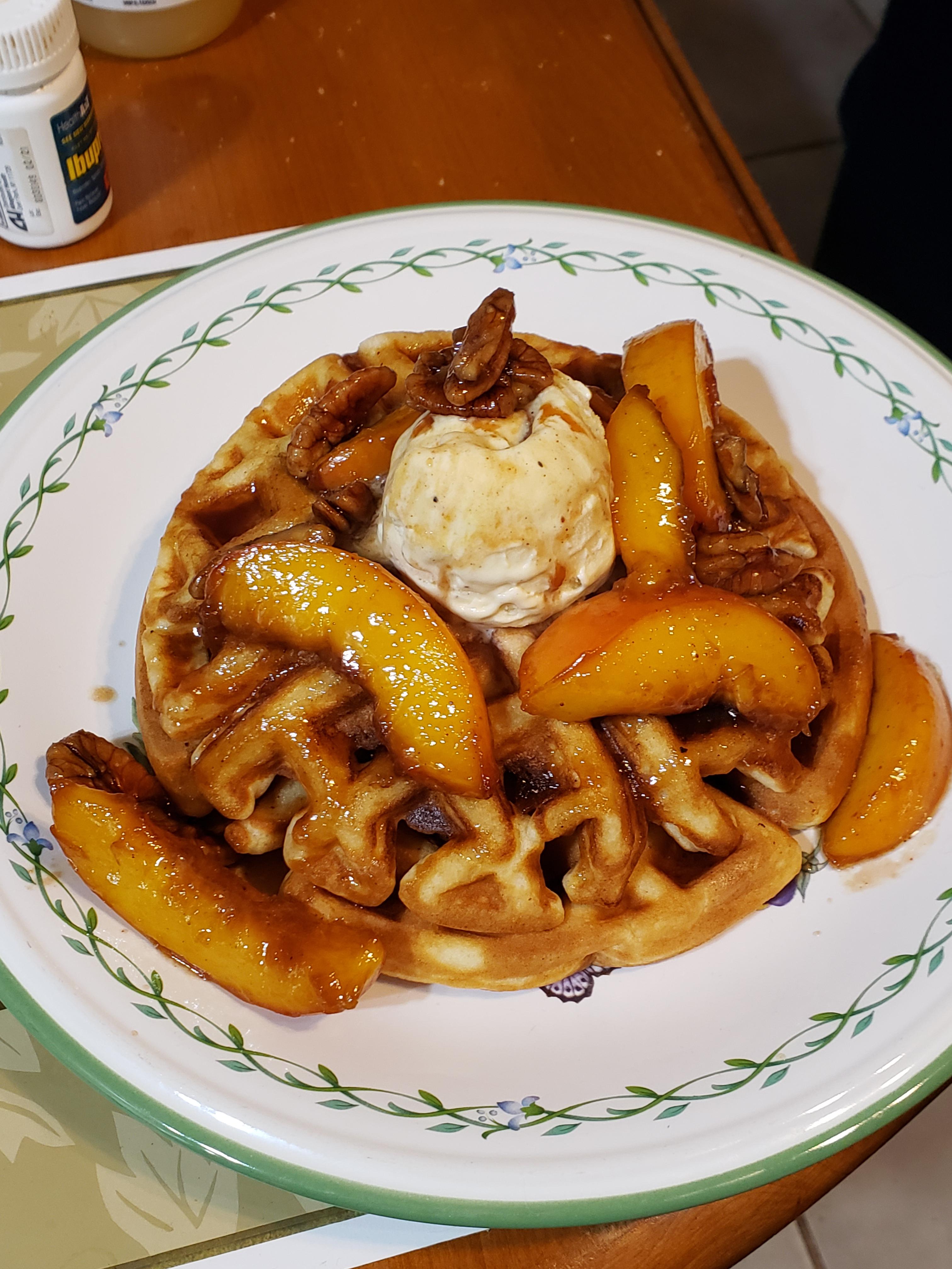 [Homemade] Waffles w/ Caramelized Peaches and Pecans, topped w/ Vanilla