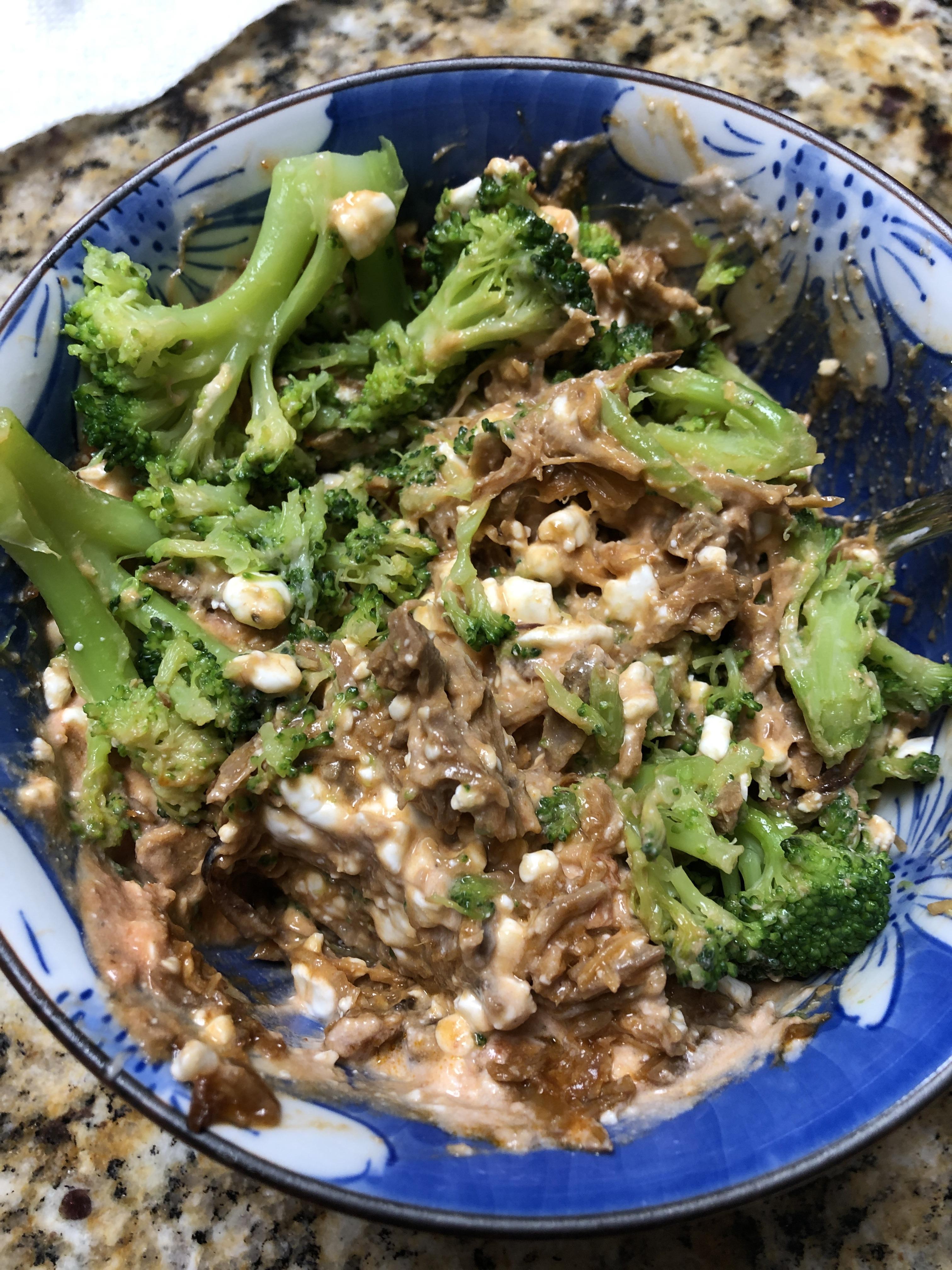 Post breakup dinner cottage cheese, marinara sauce, bbq pulled pork