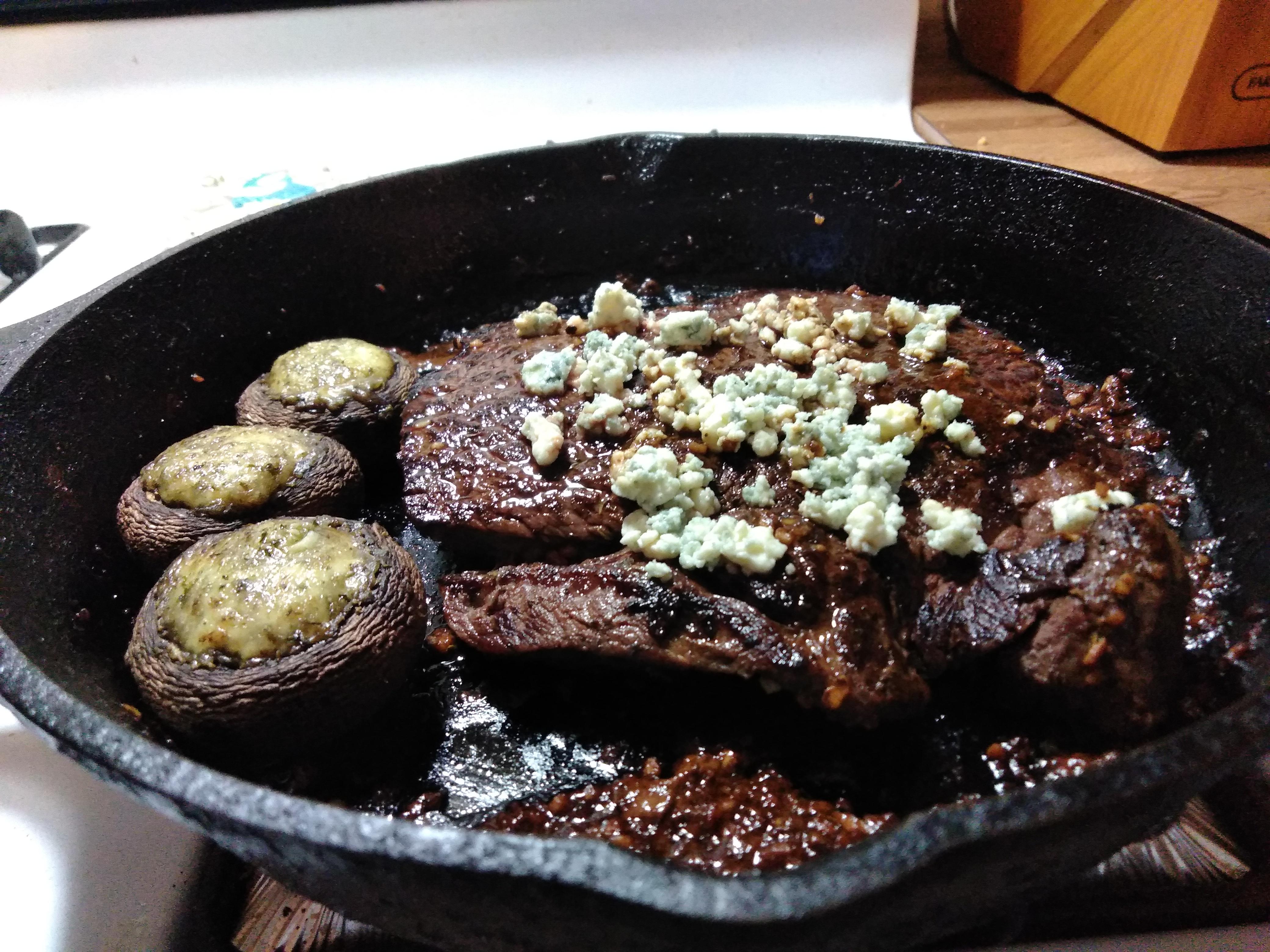 Sirloin and stuffed mushrooms family Hate's blue cheese but i love it