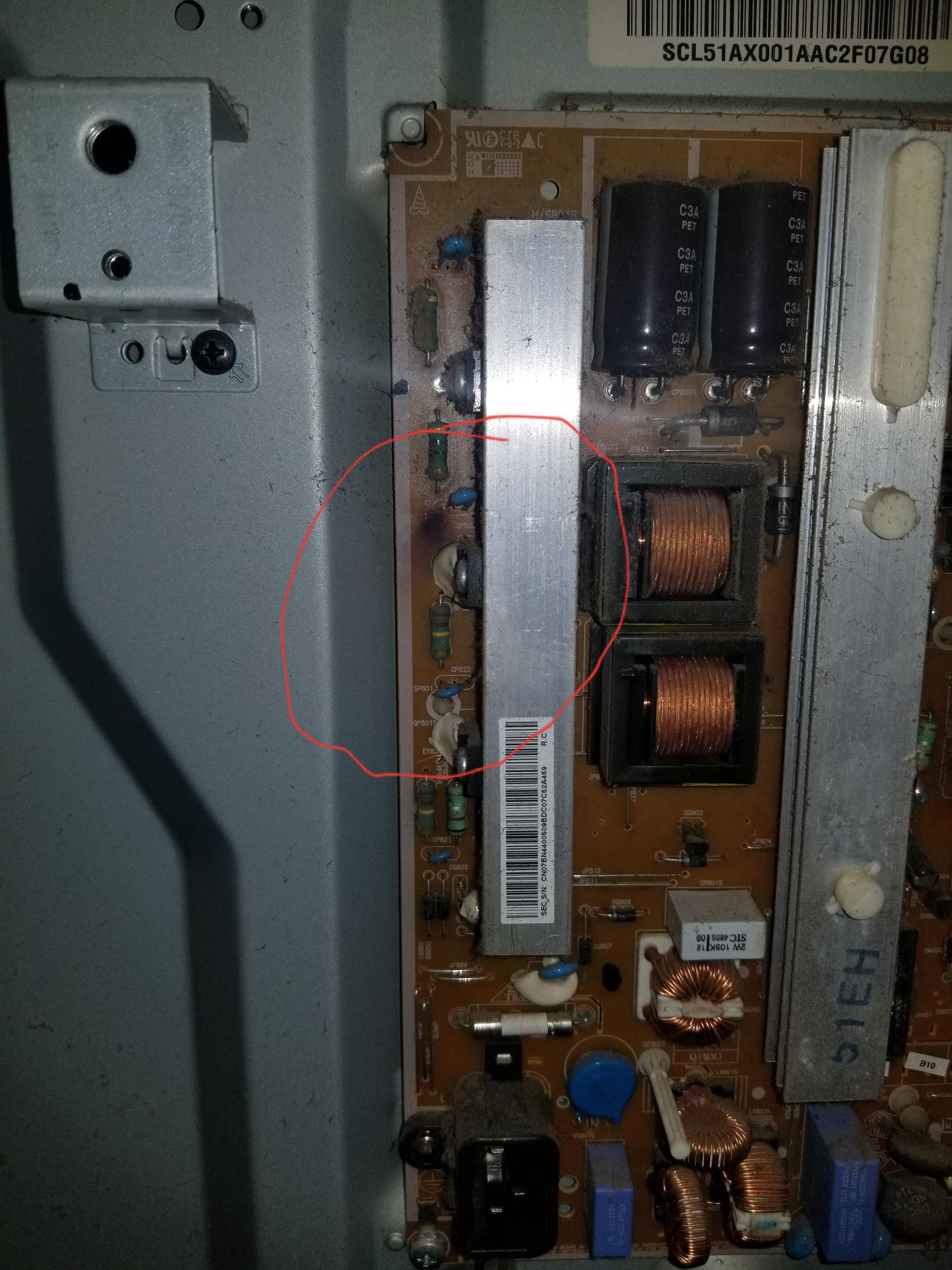 Samsung Pn51e450a1f has a small burn mark on power supply board. Tv