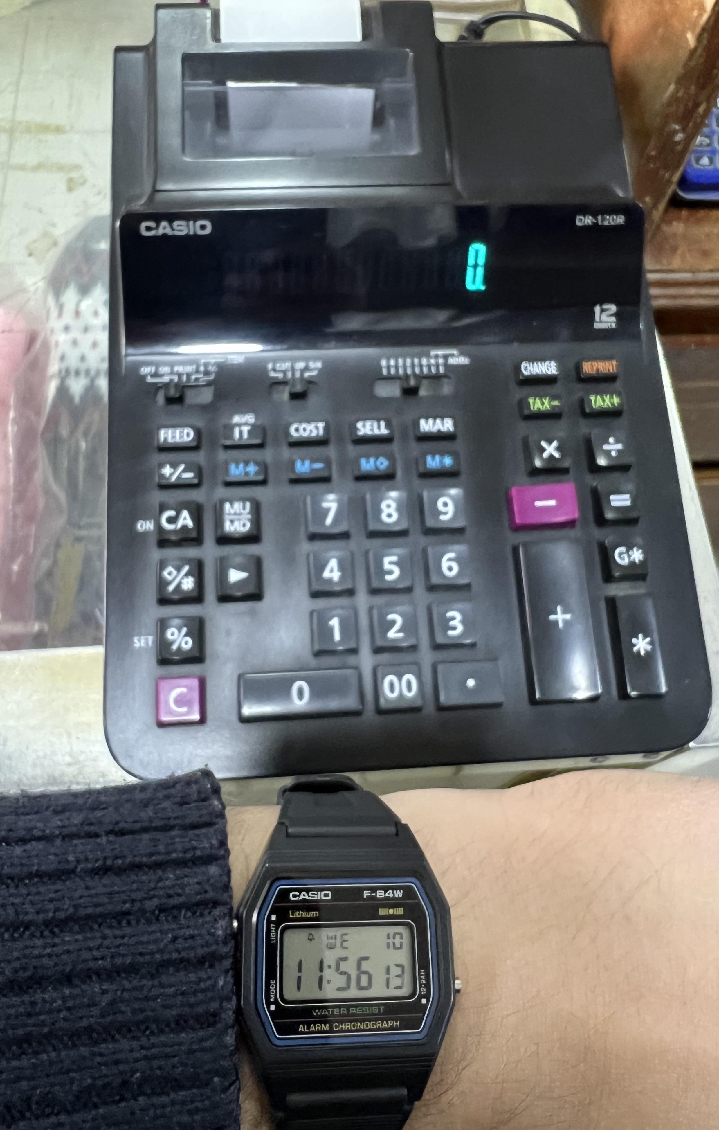 Casio DR120R Calculator and F84W watch for another day at the office