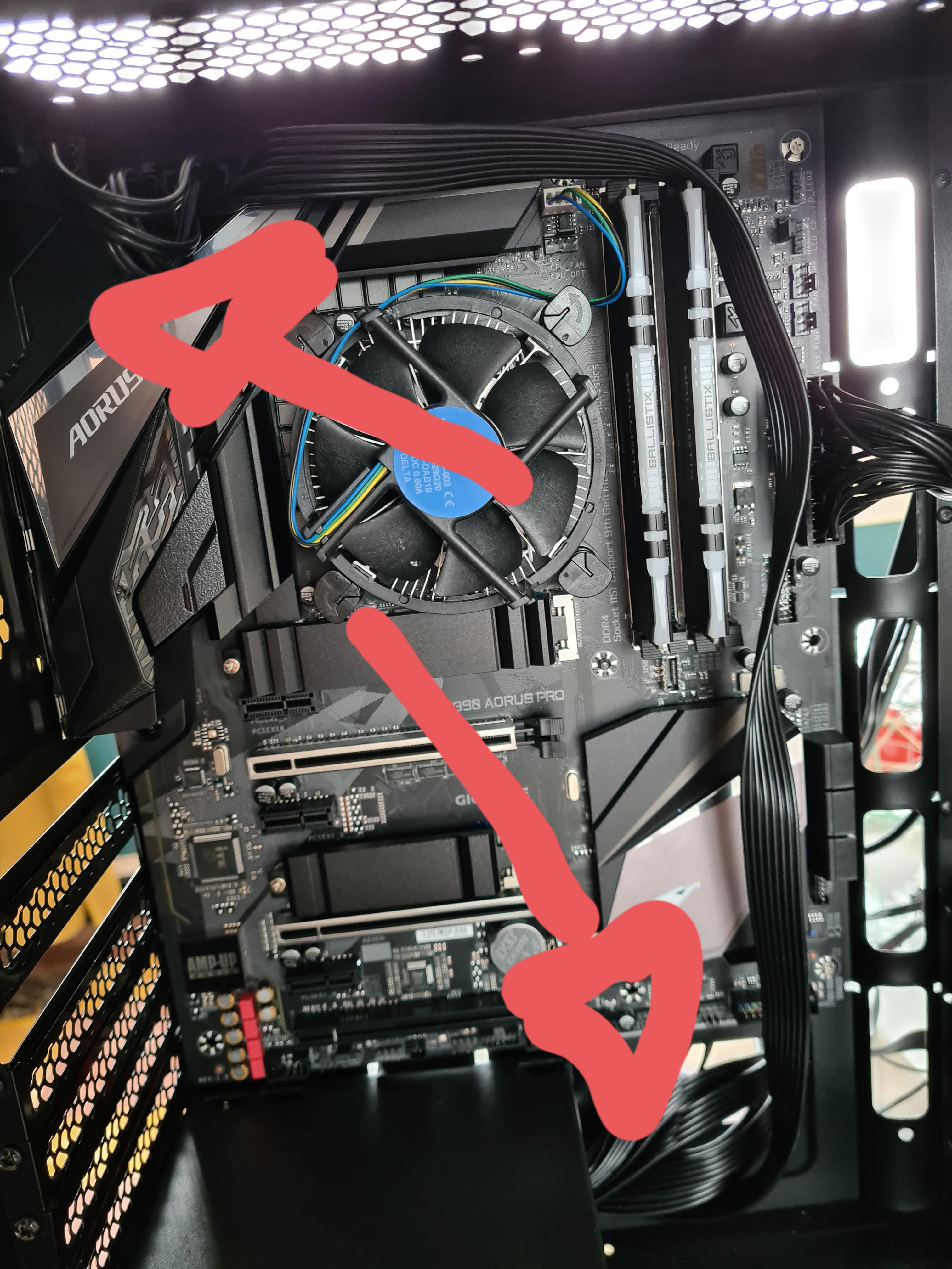 Cable too short... The cpu cable need to get up here... the cable is