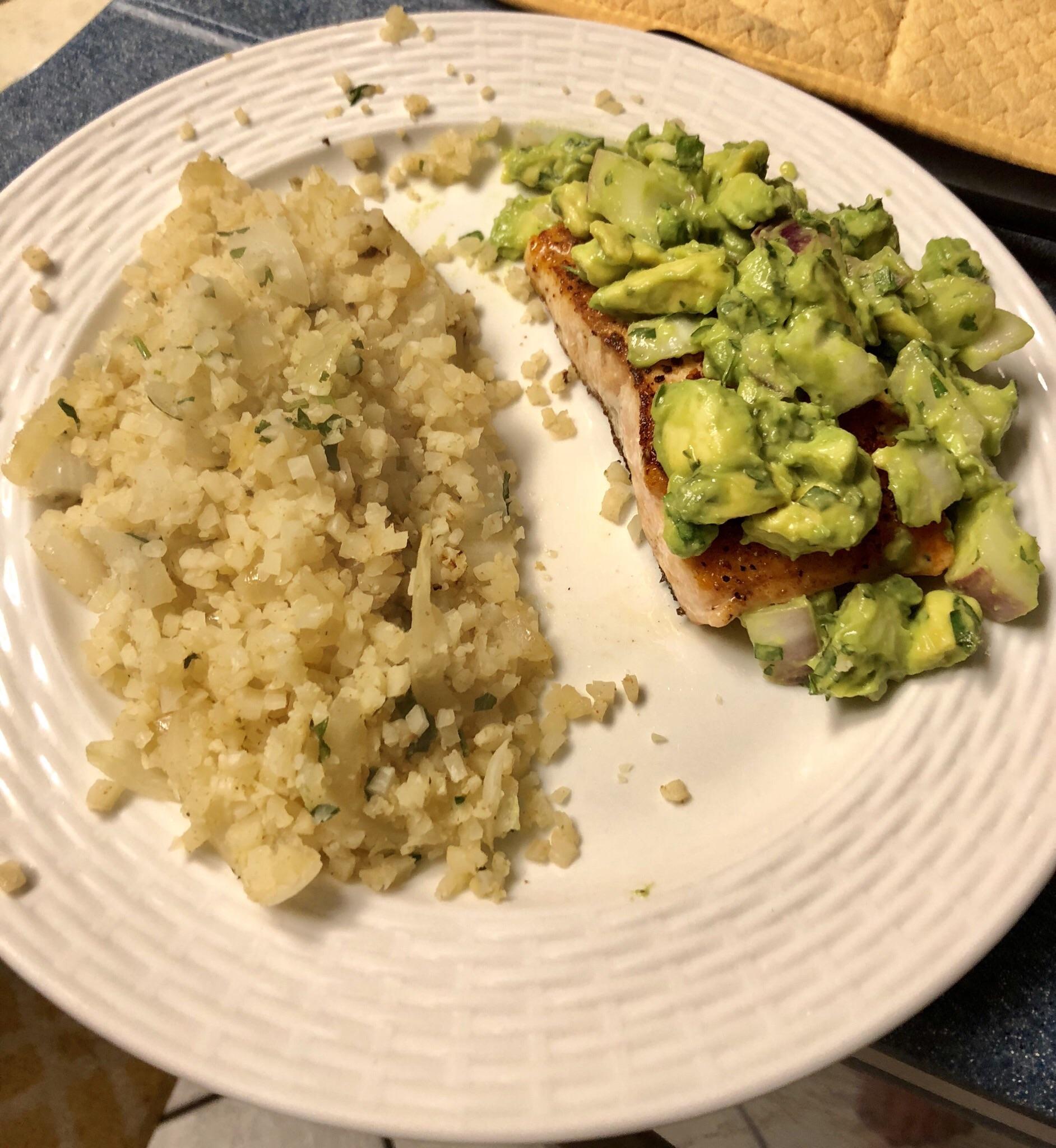 Pan seared salmon with avocado salsa and a side of spanish cauliflower rice. r/whole30