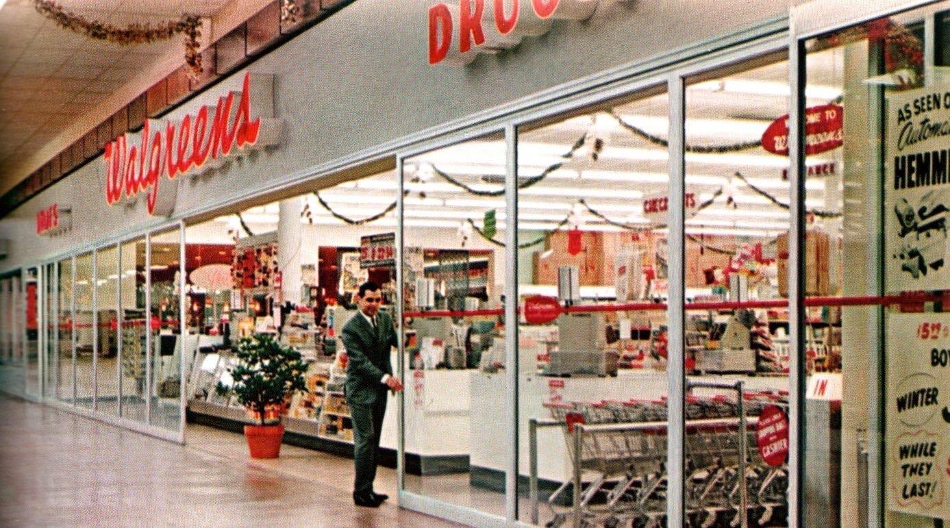 Christmas time at Walgreens at the Belvidere Mall in Waukegan, IL, circa 1965, from an ad for