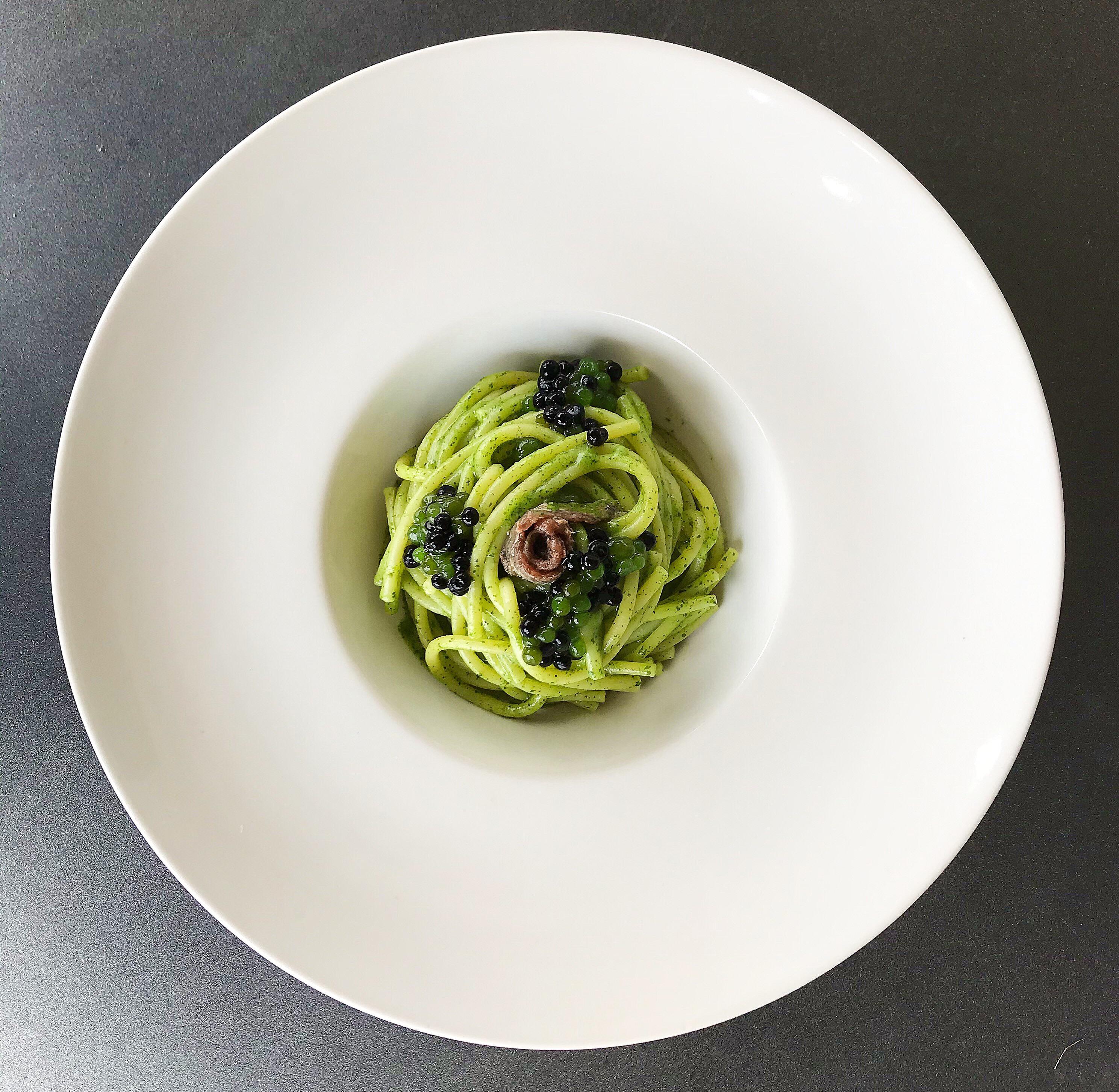 Spaghettoni with Parsley pesto, anchovies, balsamic vinegar and basil