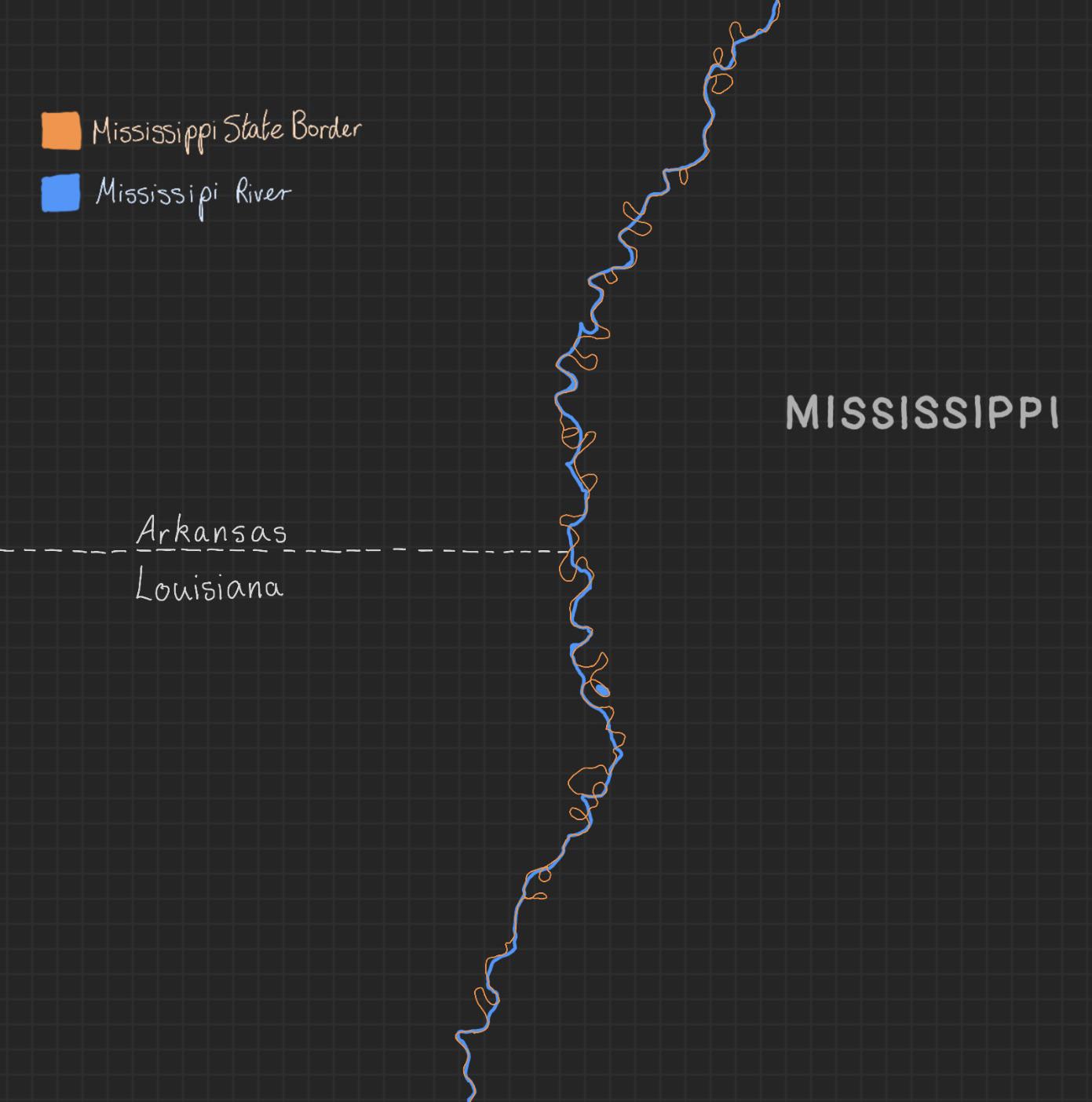 drawing of how the western mississippi state border follows the
