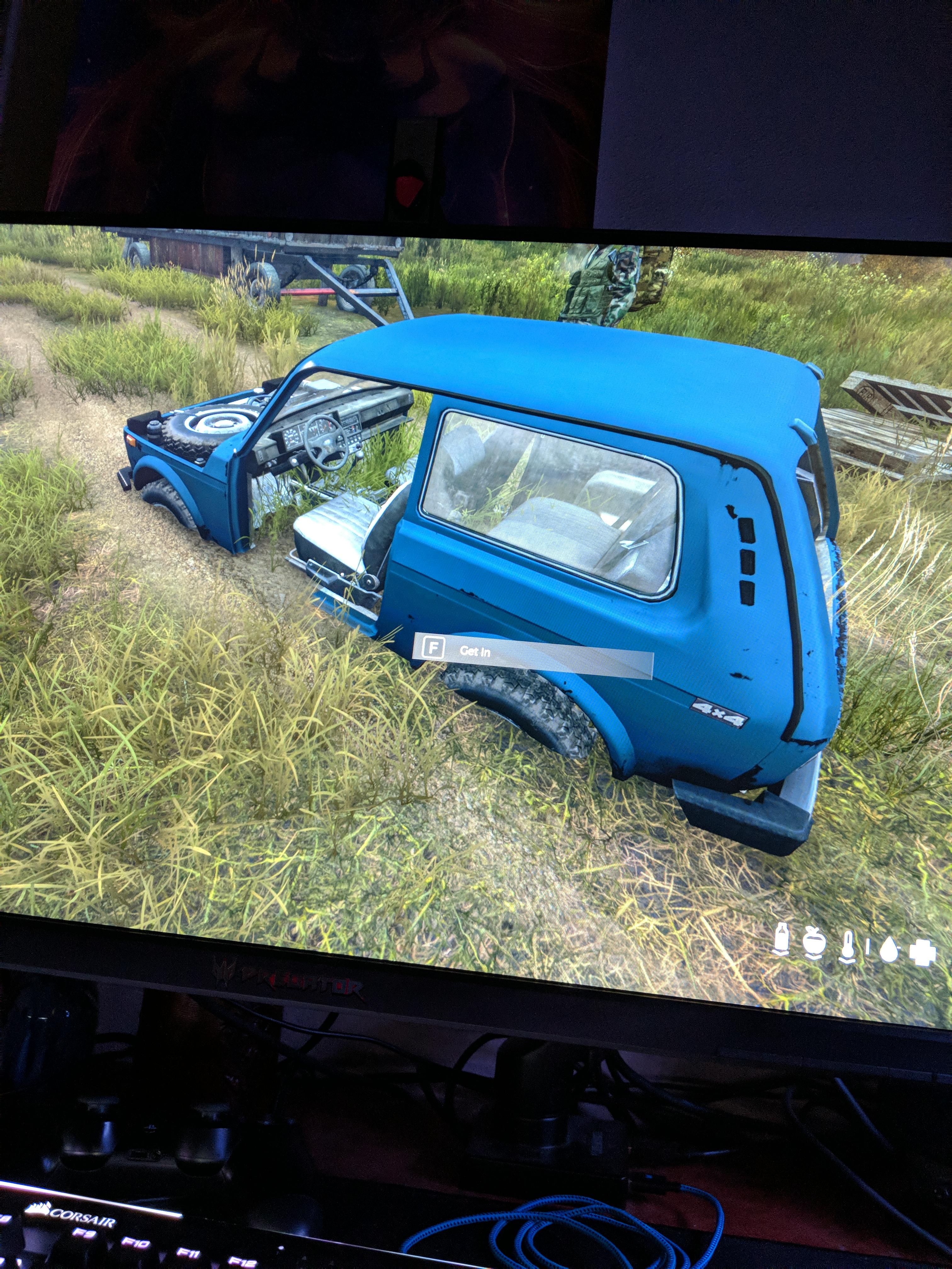 Car spawned stuck in ground, when i get in it knocks me out and breaks the car. All parts are in